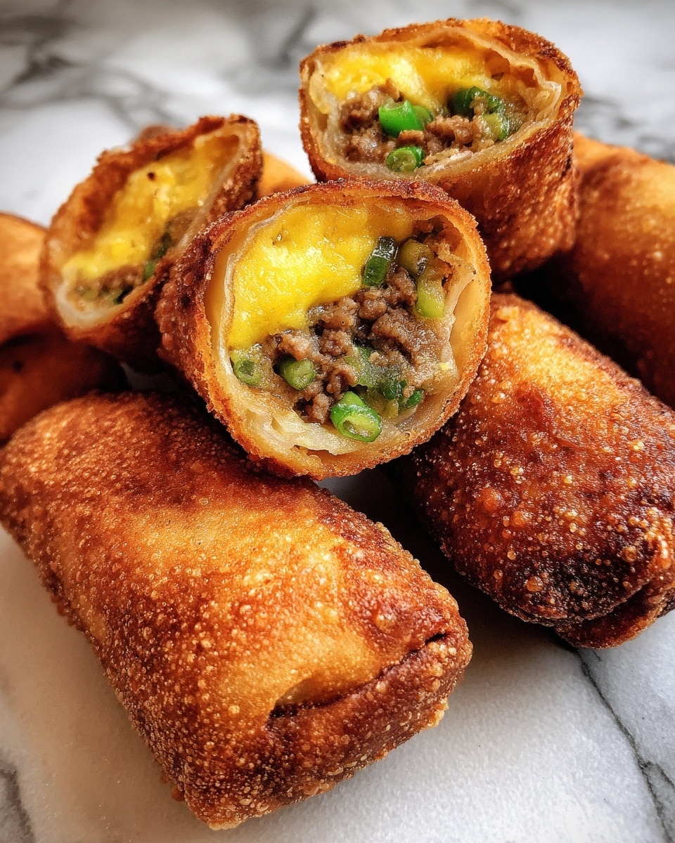 The image shows several fried rolls with a golden-brown, crispy outer layer. One roll is cut open in the center, revealing three inner layers: the outer fried shell, a middle layer of melted yellow cheese, and an inner filling of cooked minced meat mixed with small green vegetable pieces. The rolls are placed closely together on a surface with a white marbled texture. The texture of the fried shell looks crunchy with a slight bubble pattern on its surface. photo taken with an iphone --ar 4:5 --v 7