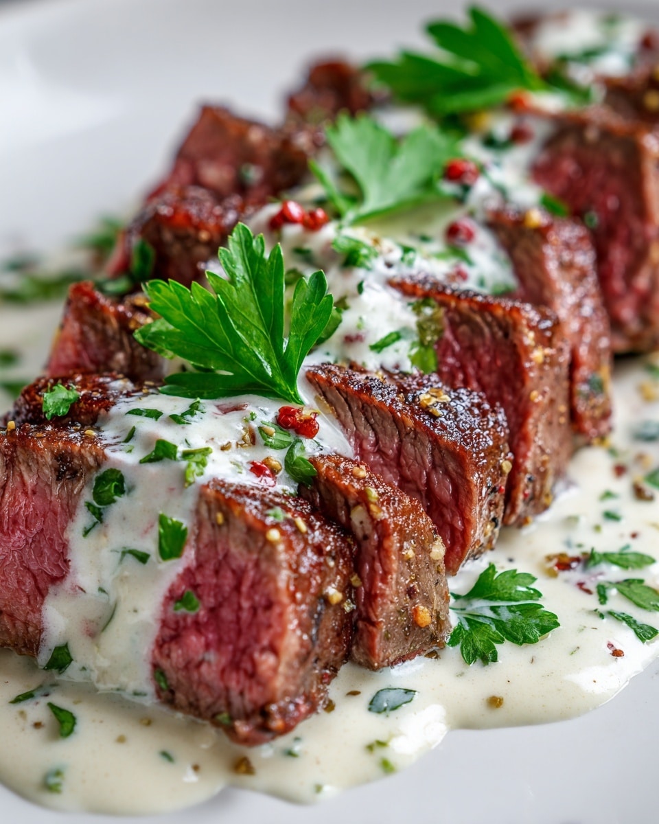 A sliced steak cooked medium rare with a brown, crispy outer layer and a pink, juicy inside, topped evenly with a creamy white sauce that has green herb bits and small red specks, garnished with bright green parsley leaves. The steak slices are arranged close together on a white plate, with sauce spreading out from underneath them over a white marbled surface. photo taken with an iphone --ar 4:5 --v 7