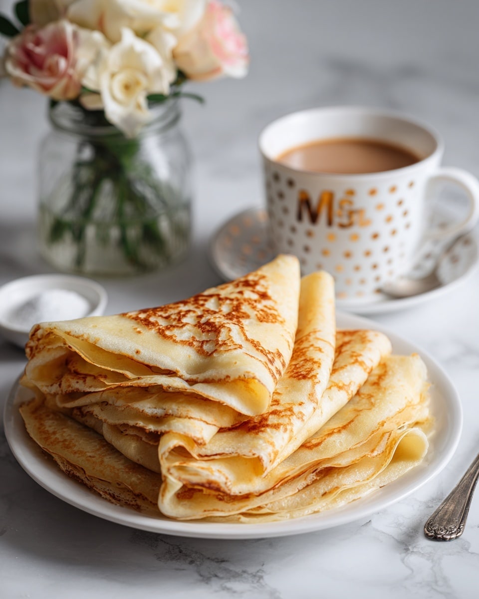 A white plate holds four folded crepes stacked on top of each other, showing their thin, soft texture and light golden-brown color with some darker spots from cooking. The crepes are arranged slightly overlapping, with the top crepe folded into a triangle and the others folded loosely beneath it. To the right of the plate is a white cup with gold dots filled with light brown coffee or hot chocolate. A silver fork rests on the edge of the plate. In the background, there is a small glass jar with white and pale green flowers, all placed on a white marbled surface with a white brick wall behind. photo taken with an iphone --ar 4:5 --v 7