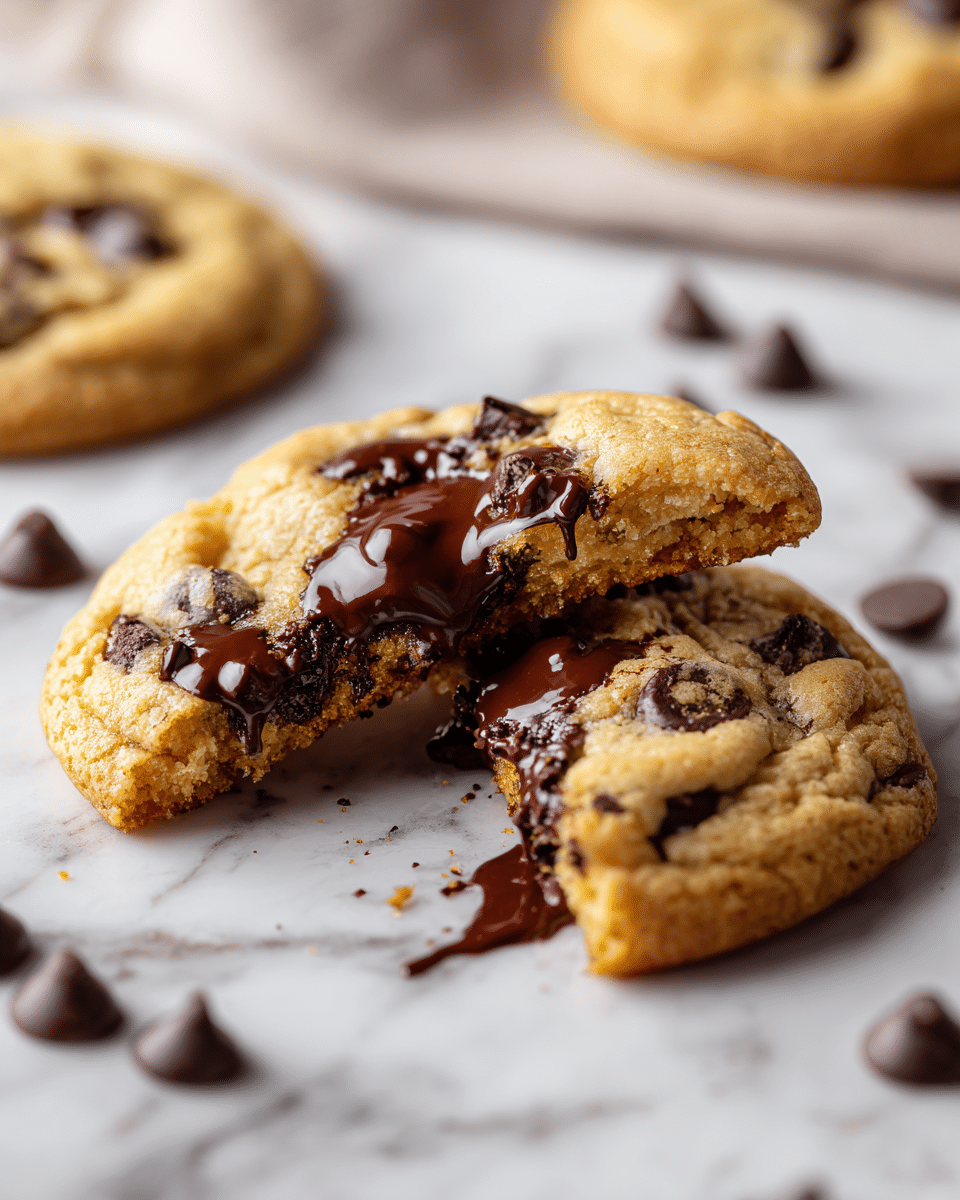 The image shows a close-up of a soft chocolate chip cookie with a chunk taken out, revealing a gooey, melted dark chocolate center. The cookie is golden brown with a slightly crinkled, textured surface and scattered dark chocolate chips throughout. It rests on a smooth white marbled surface with a few more whole cookies and loose chocolate chips blurred in the background, giving a cozy and fresh-baked feel. photo taken with an iphone --ar 4:5 --v 7