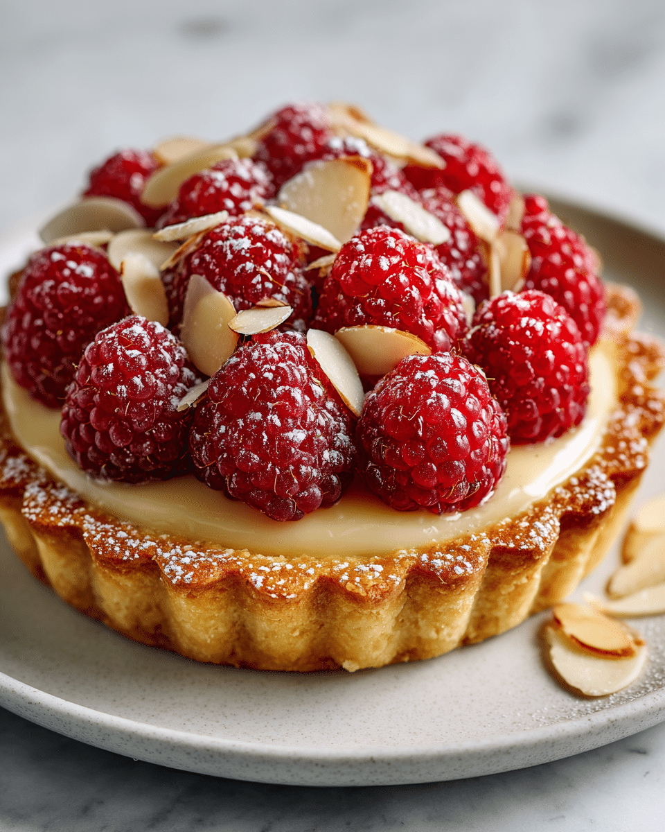 A small tart with a golden-brown crust forming the base and sides, filled with a smooth cream layer that is pale yellow. On top, there is a thick layer of bright red raspberries arranged close together, each showing its delicate texture. Scattered thin beige almond slices lie over the raspberries, adding some light contrast. The tart sits on a white plate with a subtle beige rim, placed on a white marbled textured surface with a dusting of white powdered sugar around it, enhancing the fresh and sweet look. photo taken with an iphone --ar 4:5 --v 7