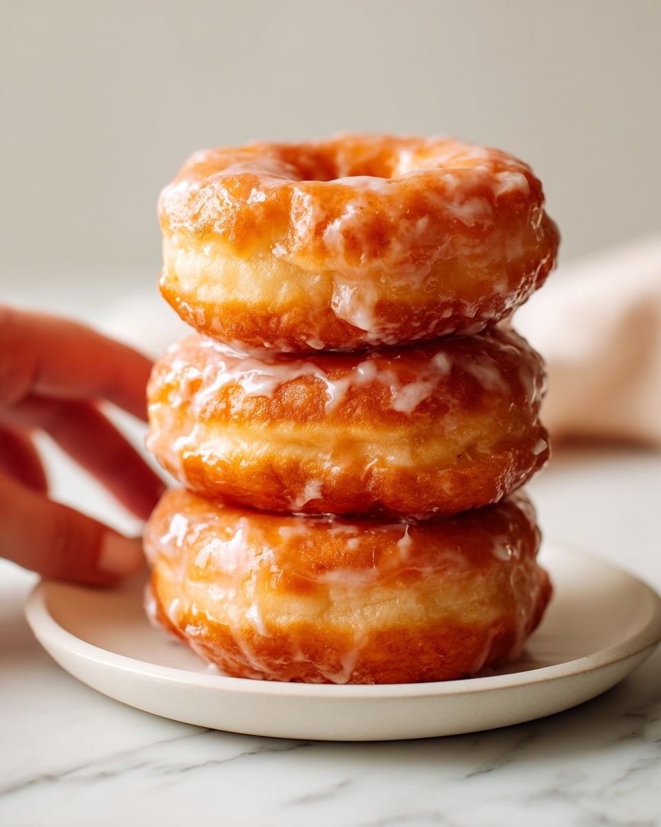 Three thick glazed donuts are stacked one on top of the other on a simple white plate. Each donut has a shiny, sugary glaze that coats the surface, creating a slightly uneven texture with some small bumps and drips. The donuts are golden brown under the glaze, showing a slight crispiness around the edges. The plate sits on a white marbled surface with a soft, blurred kitchen background. A woman's hand is gently holding the plate from the side. photo taken with an iphone --ar 4:5 --v 7