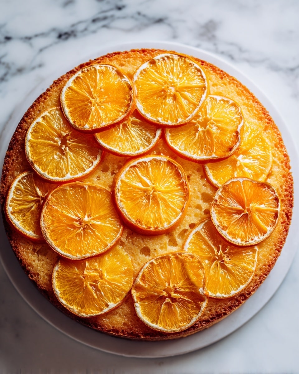 A close-up view of a round cake topped with two layers of thin orange slices arranged neatly in overlapping circles covering the entire surface. The orange slices have a bright, translucent look with visible segments and a glossy texture on top. The cake itself has a golden brown color with a slightly rough texture visible under the fruit. The background shows a white marbled texture. photo taken with an iphone --ar 4:5 --v 7