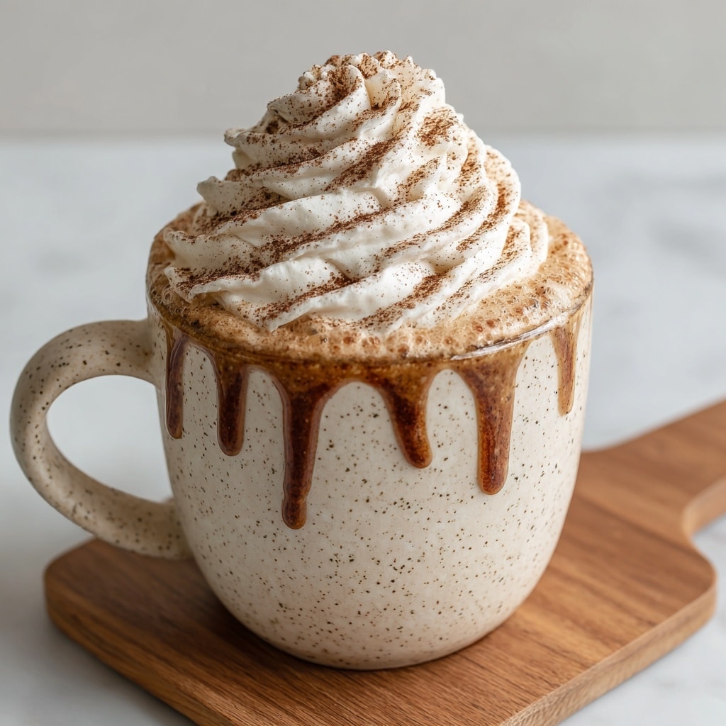 The image shows a light beige speckled ceramic cup filled with a frothy coffee drink topped with a thick layer of whipped cream. The whipped cream is swirled in a tall, fluffy spiral and sprinkled with a dusting of brown cinnamon or cocoa powder. Dark caramel or syrup drips down the side of the cup onto a wooden tray beneath. The background is a white marbled texture. Photo taken with an iphone --ar 4:5 --v 7