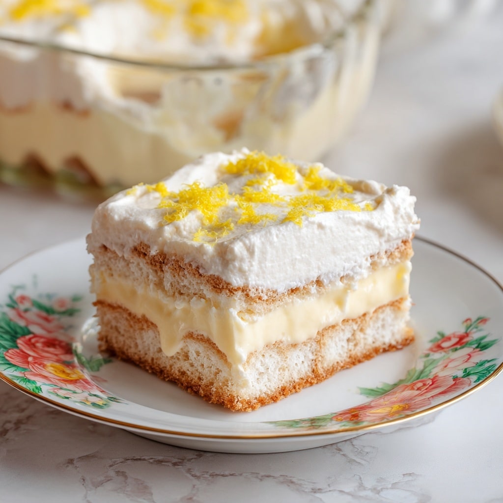 The image shows a square piece of layered dessert on a white plate with colorful patterns. The dessert has three main layers of light brown cake separated by two thick layers of creamy yellow filling. The top is covered with a thick, white whipped cream layer sprinkled with fine yellow and white shavings. The white plate sits on a surface with a white marbled texture, and there is a blurred glass dish of the same dessert in the background. photo taken with an iphone --ar 4:5 --v 7