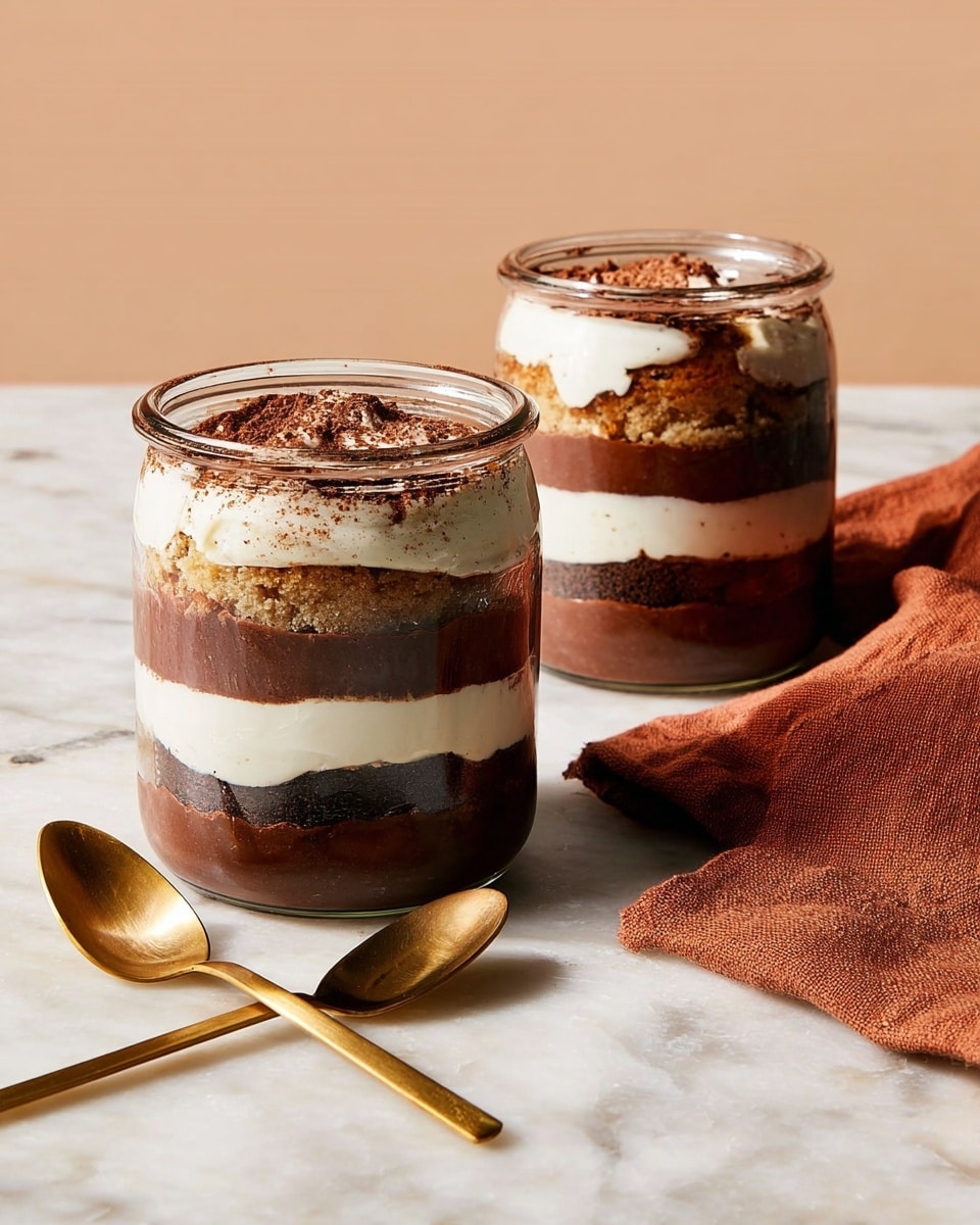 Two clear glass jars filled with layered dessert stand on a white marbled surface. Each jar has five visible layers starting from the bottom: a dark chocolate layer, a creamy white layer, a rich brown cake layer, another white creamy layer, and topped with a dusting of cocoa powder. A long gold spoon rests horizontally on the mouth of the jar in the front, while another identical gold spoon lies on a folded rust-colored cloth to the left side. The soft warm light highlights the textures and colors of the dessert, with a pale peach wall in the background. photo taken with an iphone --ar 4:5 --v 7