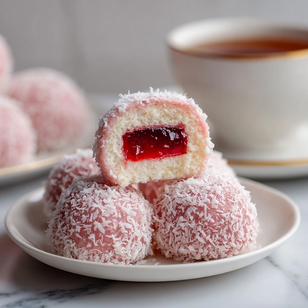 The image shows a stack of pink bite-sized dessert balls on a white plate. Each ball is covered with fine shredded coconut, giving a soft, fluffy texture on the outside. The ball is split open to show three layers: a pale pink outer layer, a bright red jelly center, and a white cake-like base. The dessert looks smooth and slightly moist, with the jelly layer shiny and soft. The background is a white marbled surface with a cup of tea blurred behind the plate. Photo taken with an iphone --ar 4:5 --v 7