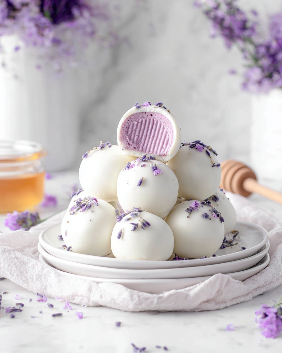 The image shows a pile of smooth, round white chocolate-covered balls stacked on two white plates on a white marbled surface with a textured white cloth beneath. Each ball has tiny purple flower petals placed on top, and one ball is cut open to reveal a soft, light purple creamy filling with soft vertical lines inside. Around the plate, there are small sprigs of purple flowers adding a delicate touch. In the background, blurry purple flowers and a white ribbed container can be seen, along with a honey dipper that rests on the surface. The whole scene is light, clean, and softly lit. photo taken with an iphone --ar 4:5 --v 7