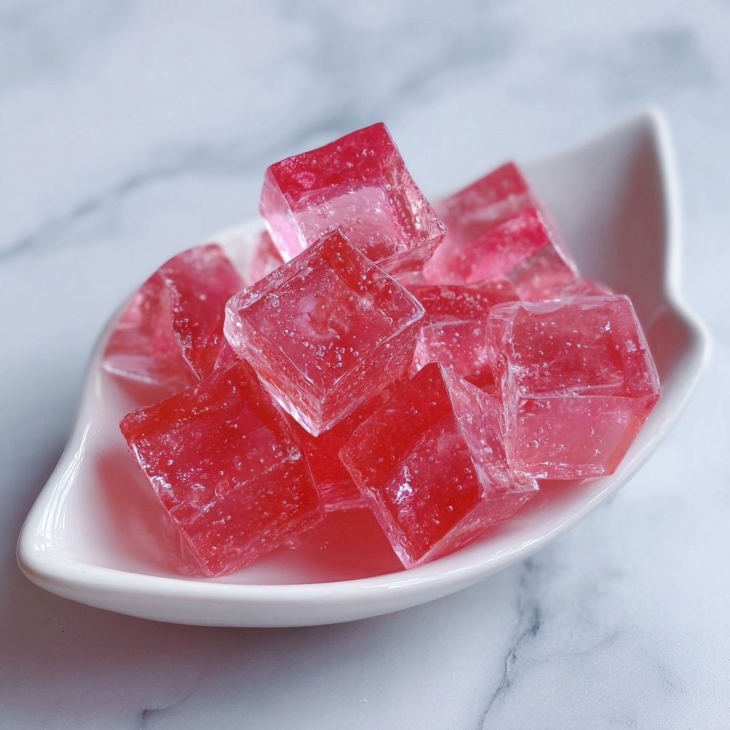 The image shows a white elongated bowl filled with multiple pieces of shiny, translucent jelly cut into small cubes. The jelly is a vibrant reddish-pink color with smooth, glass-like surfaces and sharp edges. The cubes are stacked loosely on top of each other, showing some variation in layers inside each piece, giving a slightly striped texture in parts. The bowl rests on a white marbled surface that complements the bright jelly color. photo taken with an iphone --ar 4:5 --v 7