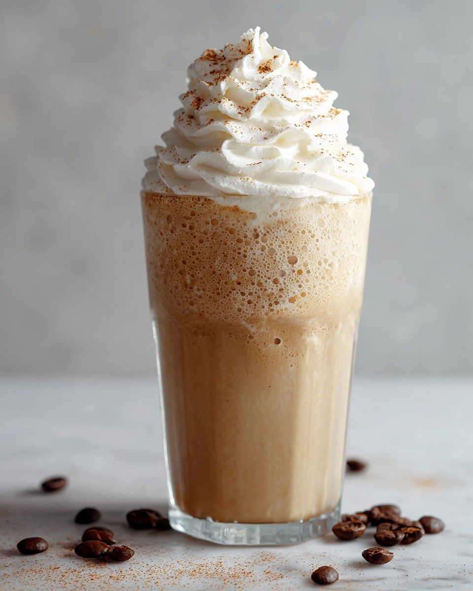 A tall clear glass filled with a light brown creamy iced coffee drink that has a frothy texture at the top, crowned with a big swirl of white whipped cream dusted with light brown powder, sitting on a white marbled surface with scattered coffee beans around it. photo taken with an iphone --ar 4:5 --v 7