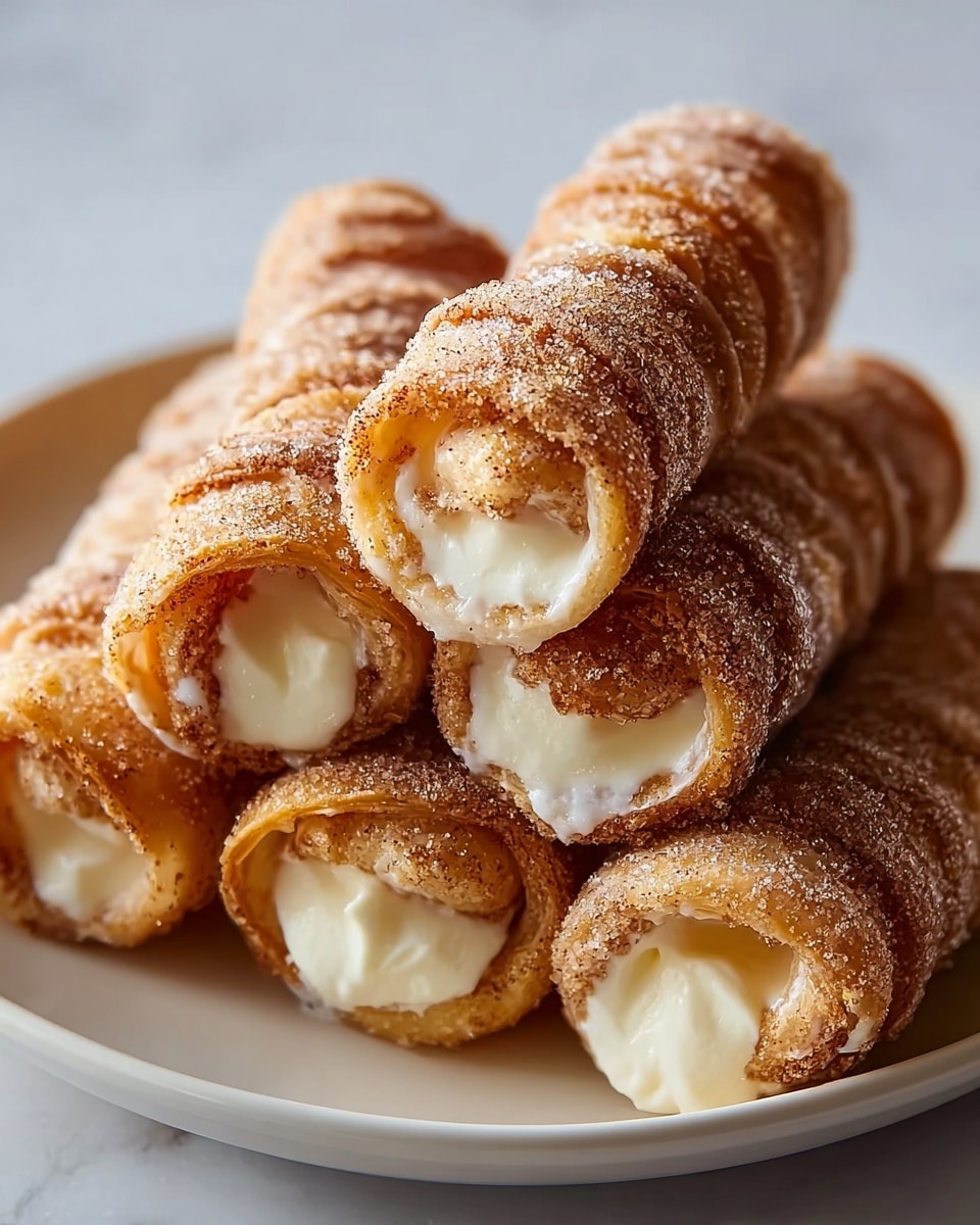 A close-up view of five rolled pastries stacked on a white plate, each with a golden-brown crunchy outer layer covered in sugar and cinnamon, and creamy white filling visible inside the hollow center of each roll. The pastries look soft inside with a texture that contrasts with the crisp outer shell. The background is a white marbled texture. photo taken with an iphone --ar 4:5 --v 7