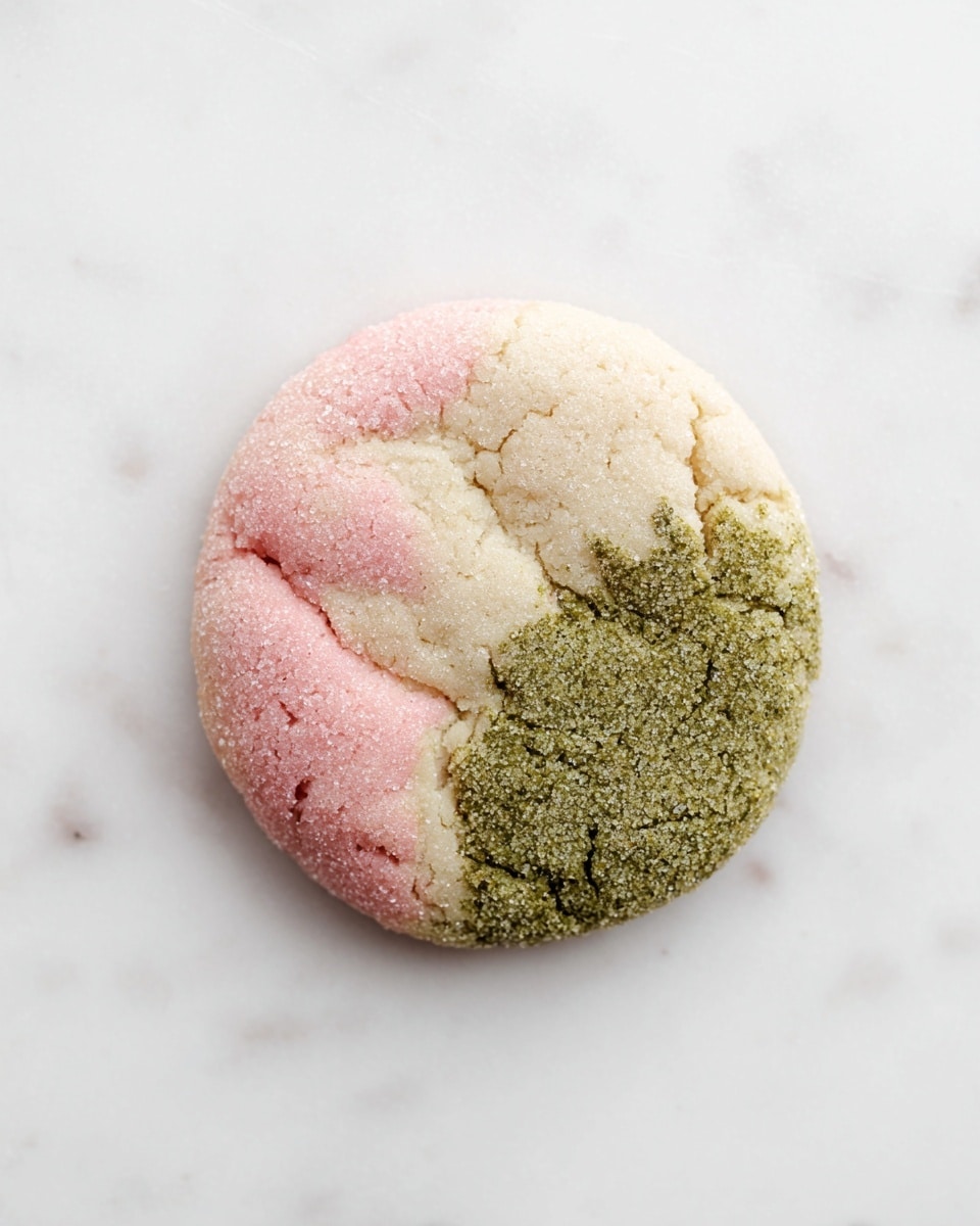 A round cookie with three distinct sections lies flat on a white marbled surface. The first section is soft pink with a slightly grainy texture and some cracks. The second section is a smooth off-white or cream color, forming the middle part of the cookie. The third section is dark green with a coarse, sugary texture and a cracked surface. These three colors blend slightly at their edges but remain mostly separate. photo taken with an iphone --ar 4:5 --v 7