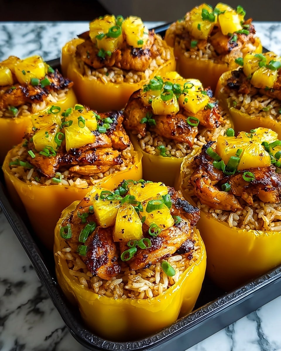 Eight yellow bell peppers are cut in half vertically and filled with three layers: the bottom layer is light brown cooked rice, the middle layer is browned and grilled pieces of chicken, and the top layer has grilled pineapple chunks with a golden caramelized texture. Each stuffed pepper is sprinkled with small pieces of bright green chopped scallions on top. The peppers are placed closely together in a black tray set on a white marbled surface with a cloth underneath the tray. photo taken with an iphone --ar 4:5 --v 7