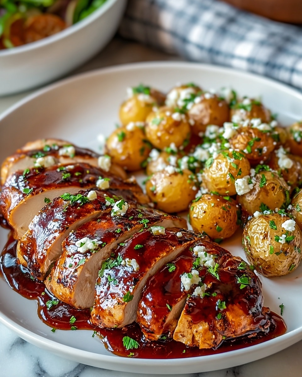 A white plate holds slices of cooked chicken breast covered in a thick, glossy dark brown barbecue sauce with visible bits of garlic and herbs sprinkled on top. The chicken is sliced into about five pieces, showing its juicy, light inner texture. To the right side of the chicken, there is a pile of golden roasted baby potatoes, each coated lightly with oil and sprinkled with fresh green parsley bits. The plate sits on a white marbled surface with a soft textured gray cloth partially visible at the bottom edge. photo taken with an iphone --ar 4:5 --v 7