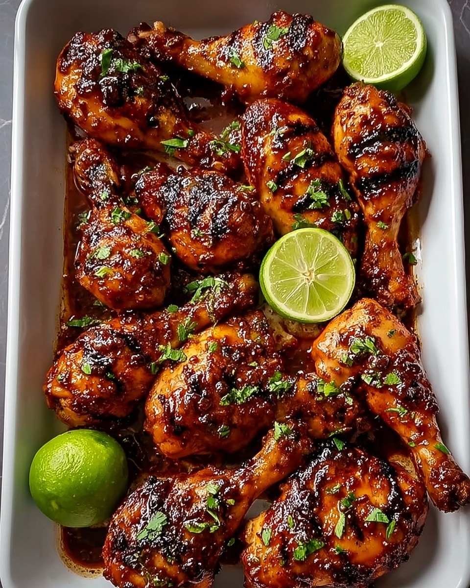 A white rectangular tray holds a pile of grilled chicken drumsticks and thighs coated in a shiny, dark reddish-brown sauce with charred spots. The chicken pieces are arranged close together, covered with small green cilantro leaves scattered over the top. Two lime halves, fresh and bright green, are placed on the top left and bottom right corners of the tray, adding a pop of color. The entire tray sits on a white marbled surface, showing some sauce pooling at the bottom. photo taken with an iphone --ar 4:5 --v 7