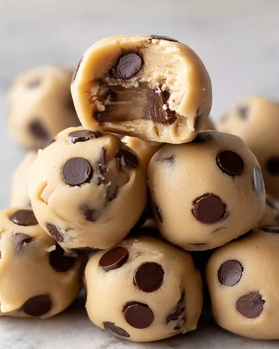 The image shows small, bite-sized cubes of peanut butter fudge with smooth, creamy beige layers. Each cube has embedded large, dark brown chocolate chips on the sides and top. One cube is stacked on another, with a visible bite taken out showing a creamy peanut butter interior mixed with bits of melted chocolate chips. The surface beneath is a white marbled texture. photo taken with an iphone --ar 4:5 --v 7