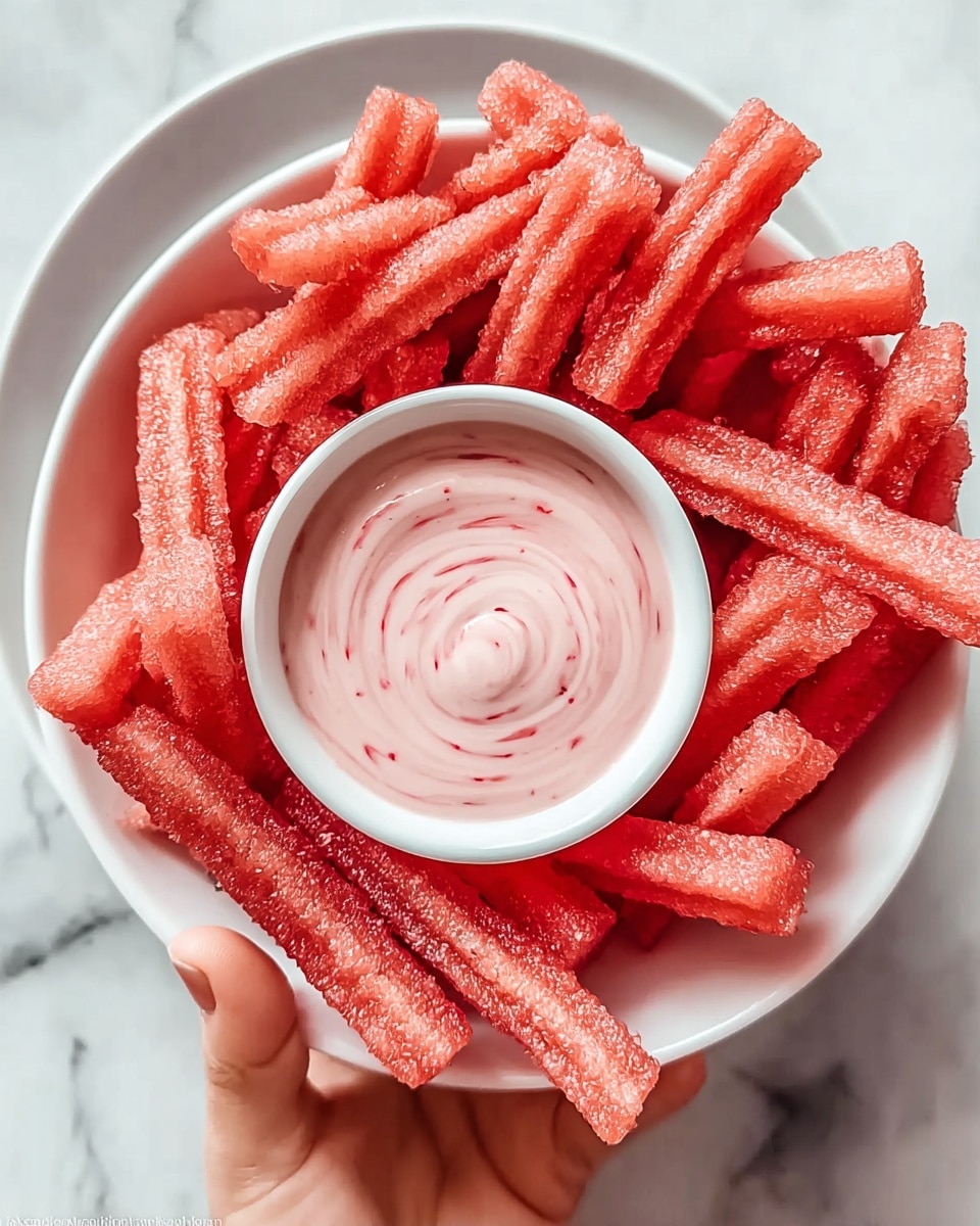 A white bowl filled with about twelve crinkle-cut sticks of bright red watermelon arranged in a slightly overlapping stack, showing their juicy and slightly translucent texture. On the right side inside the bowl, there is a small white round container holding light pink creamy dip with visible small red specks and a smooth swirl pattern on top. A woman's hand is holding the bowl from the left side, with the background showing a white marbled surface. photo taken with an iphone --ar 4:5 --v 7