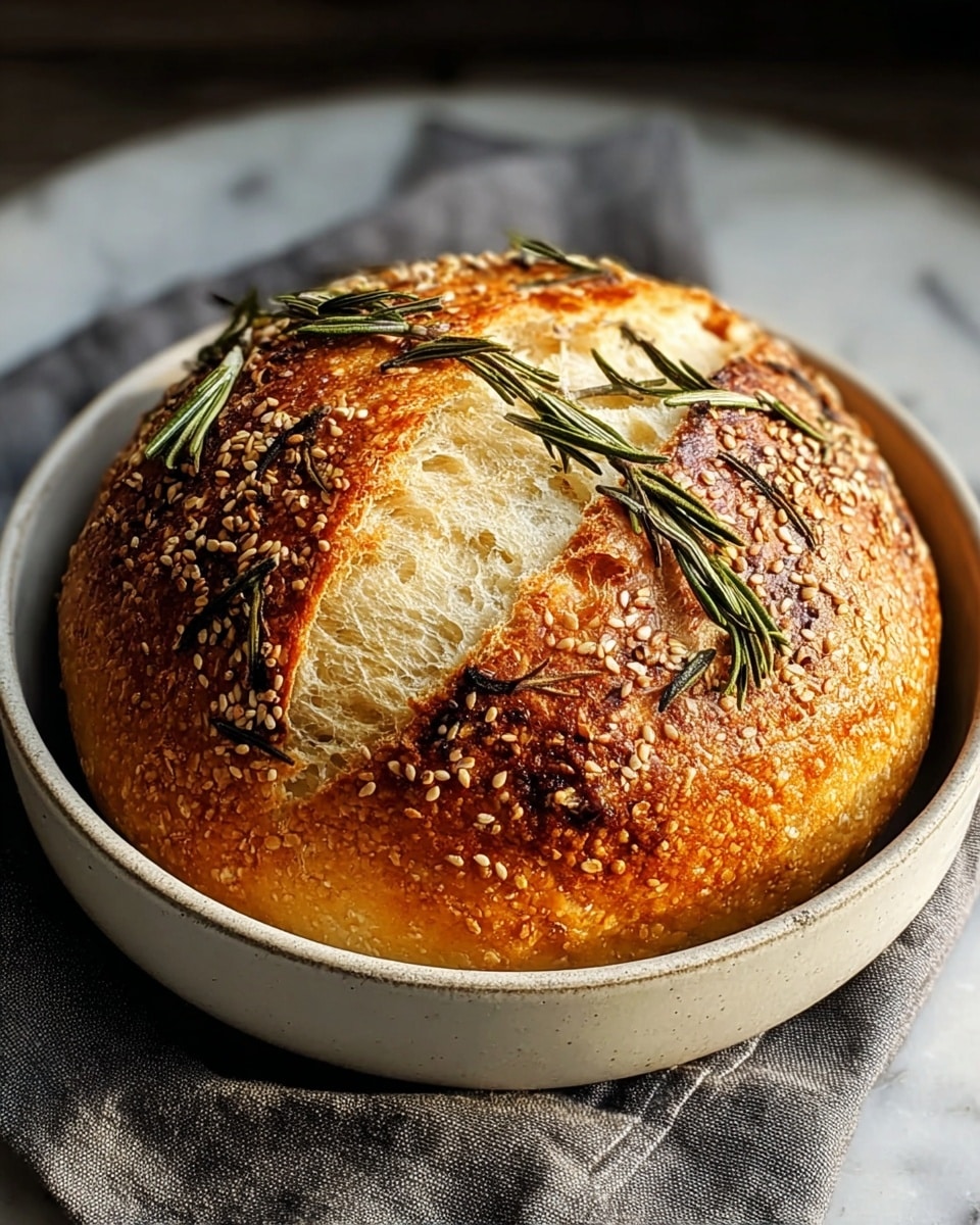 A round loaf of bread sits in a white plate on a gray cloth. The bread has a golden-brown crust with a textured, crispy surface. There are two visible layers of the loaf: the outer crust which is darker and sprinkled with sesame seeds and small green rosemary leaves, and the inner part which is lighter and soft with a fluffy texture. The top of the bread is decorated with more rosemary leaves scattered across the surface. The lighting highlights the texture and colors of the bread, casting soft shadows on the plate. photo taken with an iphone --ar 4:5 --v 7