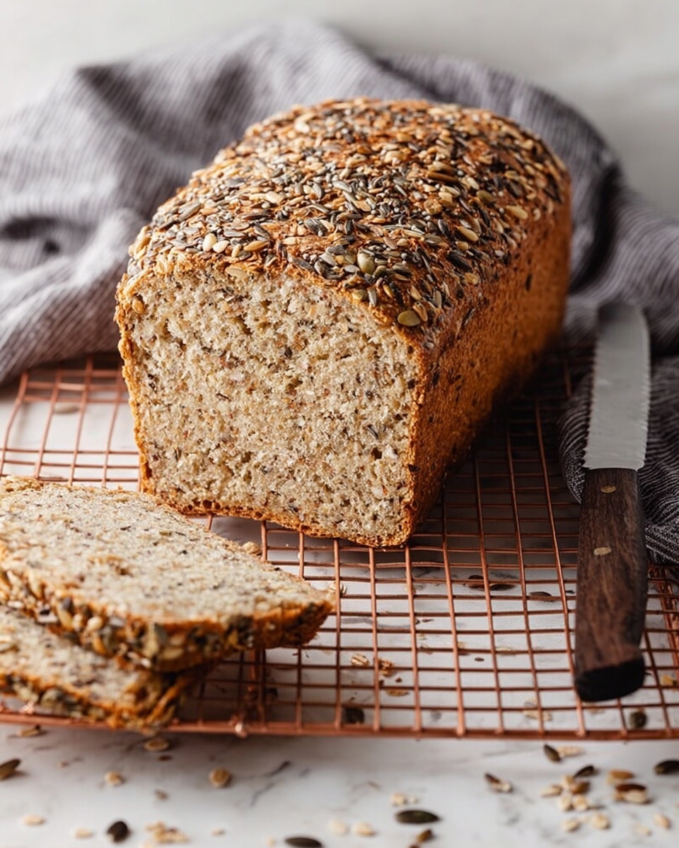 A loaf of whole grain bread sits on a copper cooling rack over a white marbled surface, with a loaf knife beside it featuring a wooden handle. The bread has three visible layers: a thick crust top layer covered densely with mixed seeds like sunflower, pumpkin, and flax, a golden-brown baked outer layer, and a soft light brown inside speckled with seeds and grains. Three slices have been cut from the loaf and are arranged in front, showing the inside’s slightly airy texture. A beige and gray striped cloth is casually folded in the background. Photo taken with an iphone --ar 4:5 --v 7