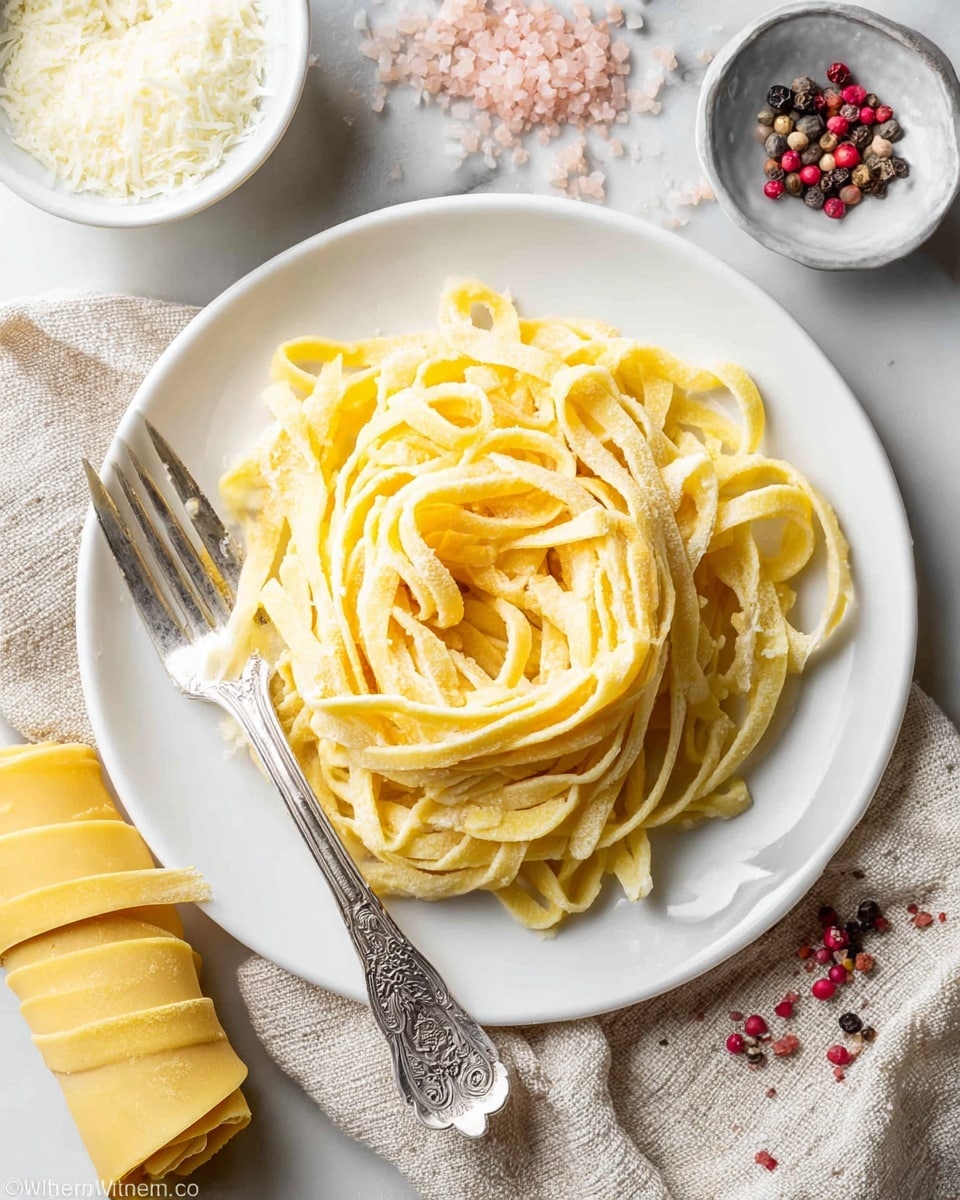 A white plate with a pile of pale yellow fresh pasta noodles in the center, showing a soft and slightly rough texture. The noodles are loosely curled and layered on top of each other. A vintage silver fork rests beneath the noodles on the left side of the plate. Around the plate, there are small bowls with white and beige ingredients, a folded pale yellow cloth, and scattered peppercorns in red, white, and black, all placed on a grey fabric over a white marbled surface. photo taken with an iphone --ar 4:5 --v 7