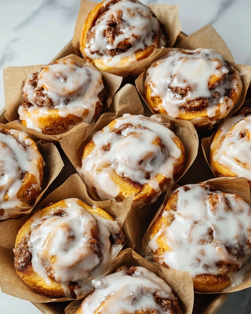 A close-up top view of nine cinnamon rolls in white parchment paper liners, placed snugly in a grey baking tray, displayed on a white marbled surface. Each cinnamon roll shows visible swirls with a golden-brown baked dough base layered with darker cinnamon filling. The rolls are drizzled generously with thick white glaze icing that pools slightly on the surface and edges. The texture is soft and slightly crumbly with some exposed cinnamon bits peeking through the icing, creating a homemade and fresh-baked look. photo taken with an iphone --ar 4:5 --v 7