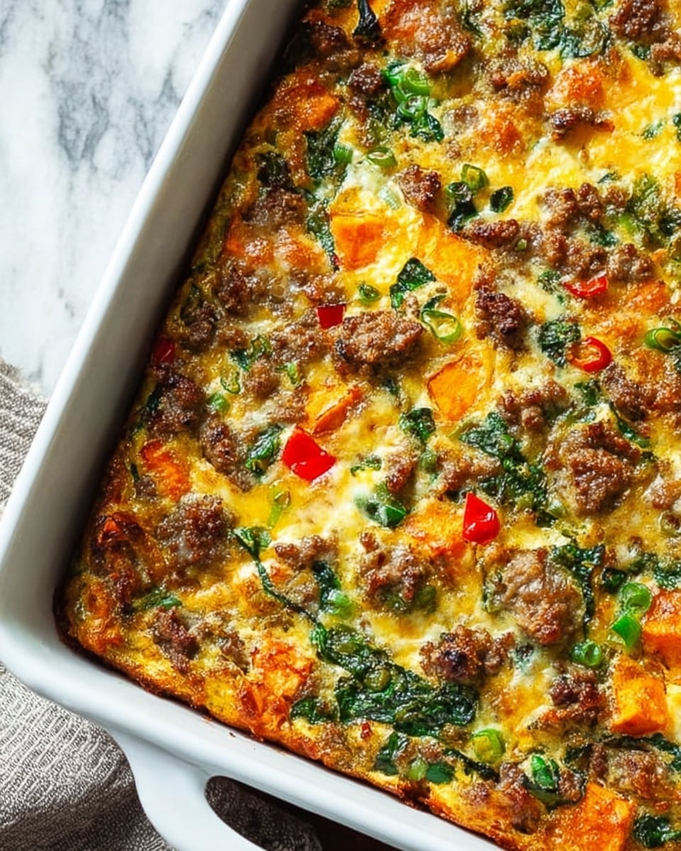 The image shows a close-up of a baked casserole in a white rectangular dish with a handle on the lower left corner. The dish has a colorful surface with a mix of ingredients: browned ground meat pieces scattered throughout, bright orange chunks of roasted sweet potatoes, and small red bell pepper pieces. There are visible green leafy bits, likely spinach or kale, giving the dish a fresh contrast. Lightly cooked onions add a translucent texture, and the entire dish is held together by a smooth, slightly golden egg mixture. The edges of the casserole show some browning from baking, making the overall look hearty and well-cooked against a white marbled texture background. photo taken with an iphone --ar 4:5 --v 7