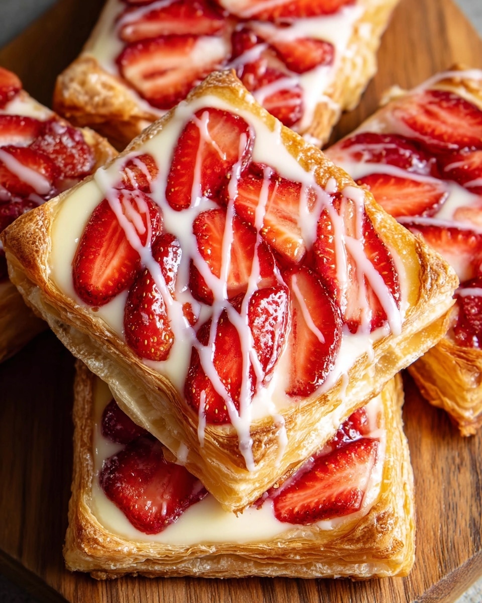 A close-up of rectangular pastries stacked on a wooden board, each pastry showing three main layers: a golden-brown flaky crust at the bottom with a slightly crisp texture, a creamy off-white cheese or custard layer in the middle that looks smooth and thick, and a glossy red strawberry topping with sliced strawberries coated in a shiny glaze. The pastries are finished with a light drizzle of white icing across the top, adding a sweet touch to the shiny strawberry layer. photo taken with an iphone --ar 4:5 --v 7