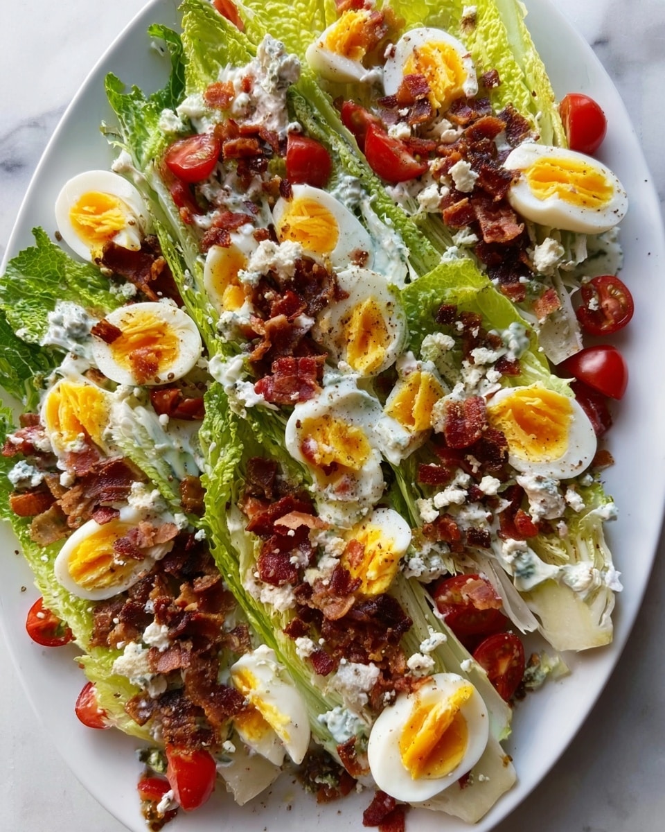 The image shows a white oval plate filled with a wedge salad. There are six wedge pieces of pale green lettuce arranged around the plate. Each wedge is topped with layers of creamy dressing, small halved cherry tomatoes that are bright red, finely chopped bacon pieces that are brown, and half of a boiled egg with a yellow yolk and white surrounding it. The salad is sprinkled lightly with what looks like black pepper and thinly sliced onions. The plate sits on a white marbled surface. photo taken with an iphone --ar 4:5 --v 7