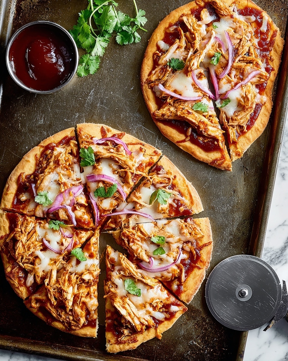 The image shows two small pizzas on a dark baking tray with a white marbled texture underneath. Each pizza has a golden-brown crust layer, topped with a red barbecue sauce layer, then a melted white mozzarella cheese layer. On top of the cheese is a layer of shredded chicken mixed with barbecue sauce, giving an orange-brown color, sprinkled with thin purple onion slices, and fresh bright green cilantro leaves scattered across both pizzas. One pizza is whole and cut into four slices with one slice pulled slightly away, the other pizza is cut into six slices with two slices removed and rotated. Next to the pizzas is a small round white bowl filled with dark red barbecue sauce, and a pizza cutter with a shiny silver blade sits on the tray. photo taken with an iphone --ar 4:5 --v 7