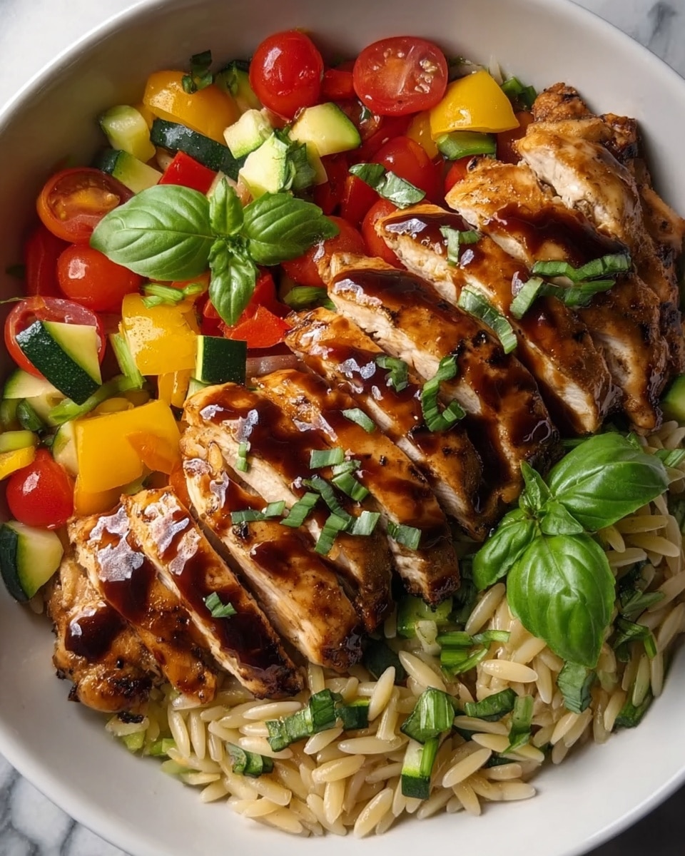 The image shows a white shallow bowl placed on a white marbled surface filled with a layered dish. At the bottom layer, small, rice-shaped pasta is spread evenly, pale yellow-beige in color and lightly textured. On top of this is a colorful mix of diced vegetables including red cherry tomatoes, yellow bell peppers, green zucchini, and small pieces of fresh basil leaves scattered throughout. The main layer is several thick slices of grilled chicken breast arranged in the center, each slice having visible grill marks and a shiny glaze of dark brown sauce over them. Fresh basil leaves garnish the top of the chicken, adding a bright green contrast. Photo taken with an iphone --ar 4:5 --v 7