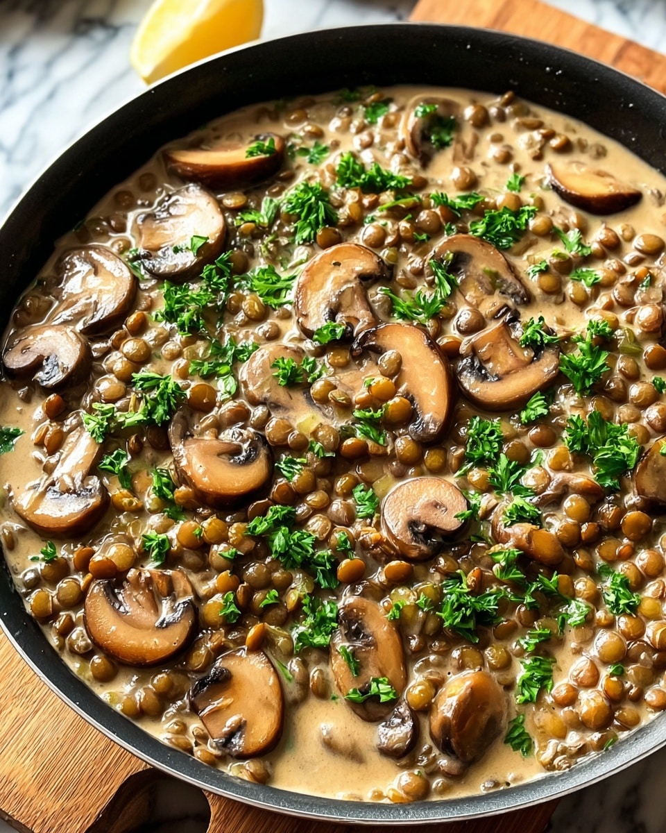 A close-up of a black pan filled with creamy mushroom lentil stew. The dish has many layers: at the bottom is a light brown creamy sauce, mixed with dark brown sliced mushrooms and small round orange and green lentils scattered throughout. Fresh chopped bright green herbs are sprinkled on top, adding a fresh contrast to the creamy and earthy colors below. The pan sits on a white marbled surface. photo taken with an iphone --ar 4:5 --v 7
