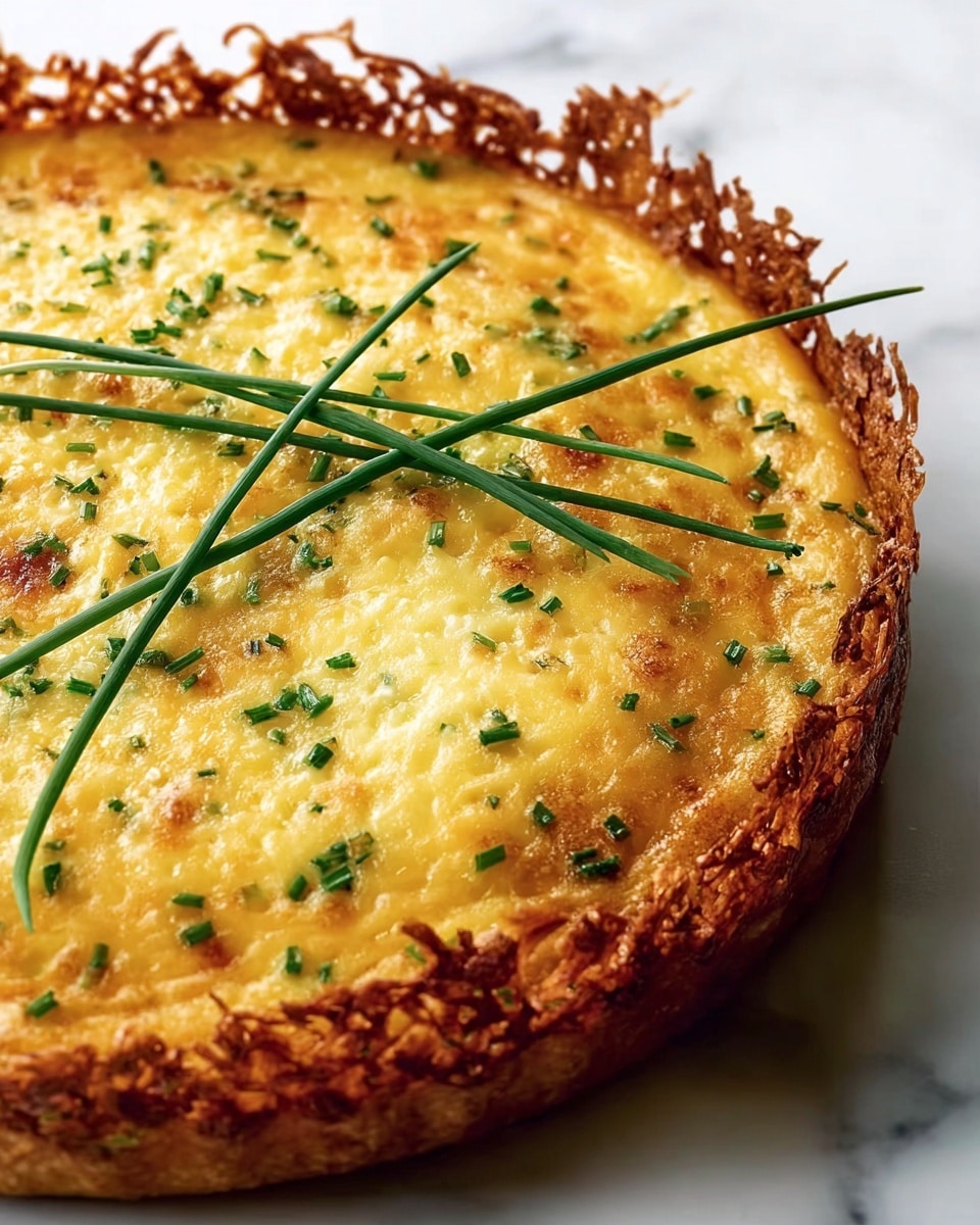 A round, golden-brown quiche sits on a white marbled surface, with a crispy, textured crust that curls up around the edges like delicate lace. The quiche filling is a smooth, creamy yellow, speckled with small green chive pieces evenly scattered across the surface, adding a fresh contrast. A few long green chive stalks are arranged diagonally on top as a simple garnish. The crust looks crunchy and well-baked with a slightly uneven, rustic edge, while the filling has a slightly glossy finish indicating a fresh bake. photo taken with an iphone --ar 4:5 --v 7