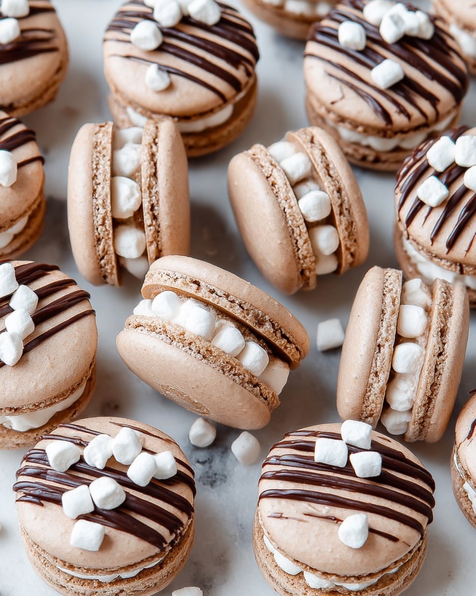 The image shows many round macarons spread out on a white marbled surface. Each macaron has two light brown shells with a smooth texture, filled in the middle with a thick layer of white cream. On top of the shells, there are thin dark brown chocolate drizzle lines arranged in parallel, and on some macarons, small white mini marshmallows are scattered over the chocolate. A few mini marshmallows are also scattered around the macarons on the surface, adding a playful touch. The macarons look soft and delicate with neat layers. photo taken with an iphone --ar 4:5 --v 7
