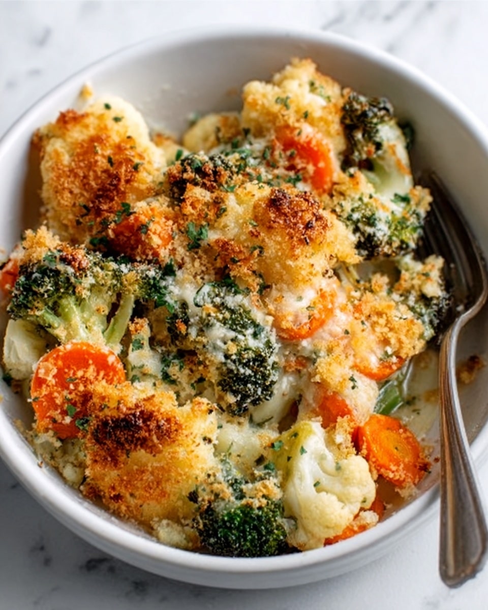 A close-up image of a white bowl filled with a baked vegetable dish featuring several layers: the base layer consists of bright green broccoli florets and soft, orange carrot slices mixed with tender white cauliflower. On top, there is a golden-brown crust made of crispy crumbs, adding a crunchy texture. The vegetables appear creamy and slightly sauced underneath the crisp topping. A silver fork rests inside the bowl on the right side. The bowl sits on a white marbled surface, giving a clean and fresh look. Photo taken with an iphone --ar 4:5 --v 7