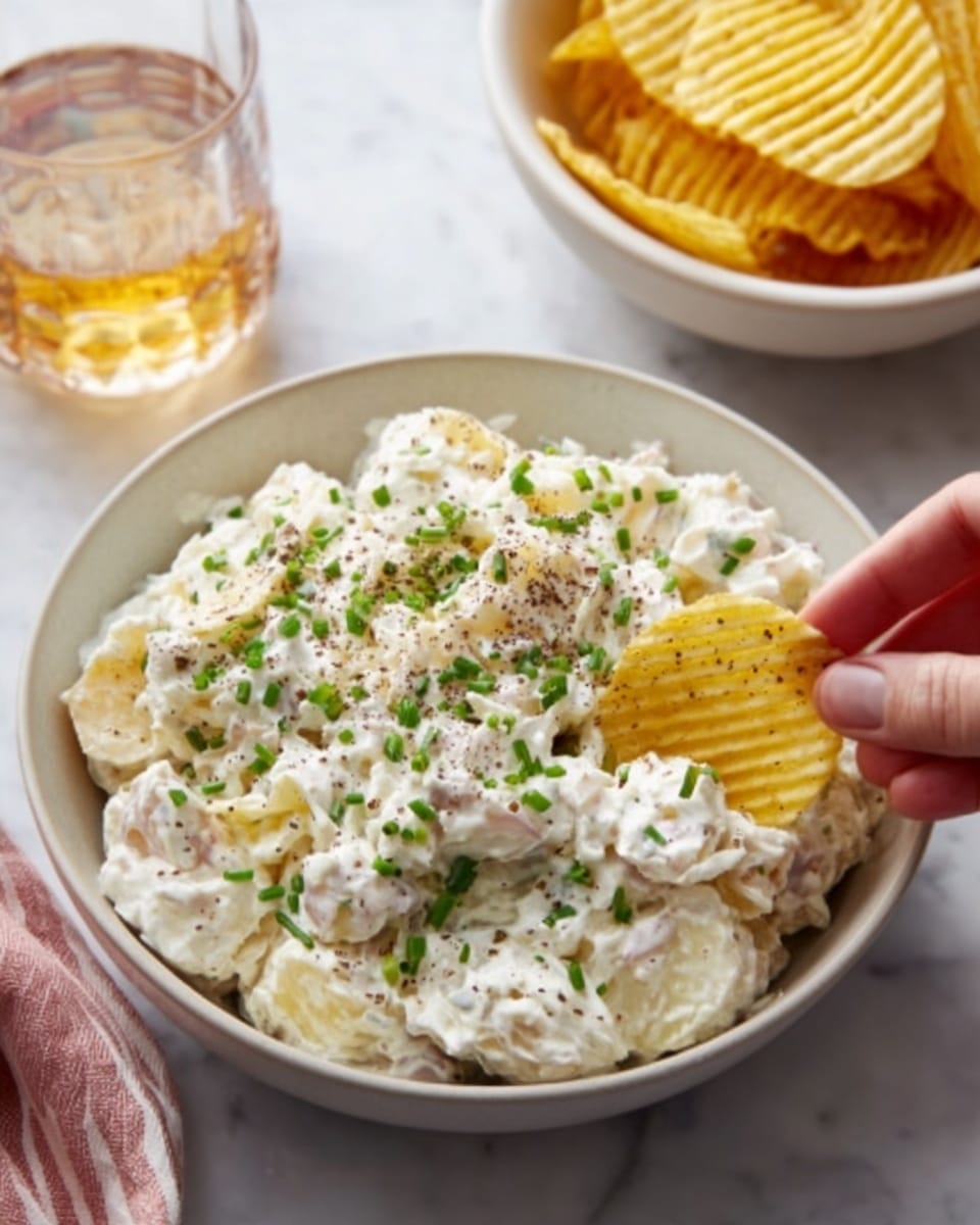 A white bowl filled with a creamy dip that has a thick, rough texture, topped with small green herb pieces and black pepper sprinkled over it. Next to the bowl, there is a woman's hand holding a ridged potato chip, ready to dip into the creamy mixture. Behind the bowl, there is a white bowl full of ridged potato chips and a glass of light brown drink. Everything is placed on a white marbled surface with a black and white striped cloth partially visible. photo taken with an iphone --ar 4:5 --v 7