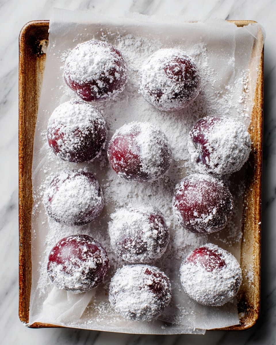 The image shows a baking tray lined with white parchment paper, holding ten round plums that are covered with a thick layer of white powdered sugar, some plums more covered than others, creating a textured contrast of deep red and white. The powdered sugar is scattered unevenly on and around the plums, which rest closely together in the tray. The tray shows signs of light rust and wear along the edges, and the whole setup sits on a white marbled surface. photo taken with an iphone --ar 4:5 --v 7