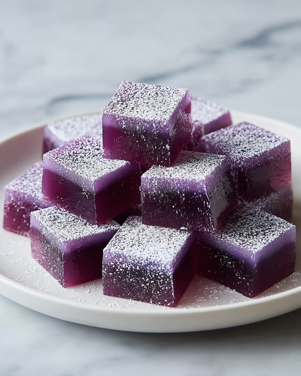 A white plate holds a pile of small purple jelly cubes, each cube covered lightly with a dusting of white powder that adds a frosted texture to their smooth, shiny surfaces. The cubes are stacked randomly, some resting flat while others lean against each other, showing their sharp edges and rich violet color. The background features a white marbled texture, giving a clean and crisp look to the image. photo taken with an iphone --ar 4:5 --v 7
