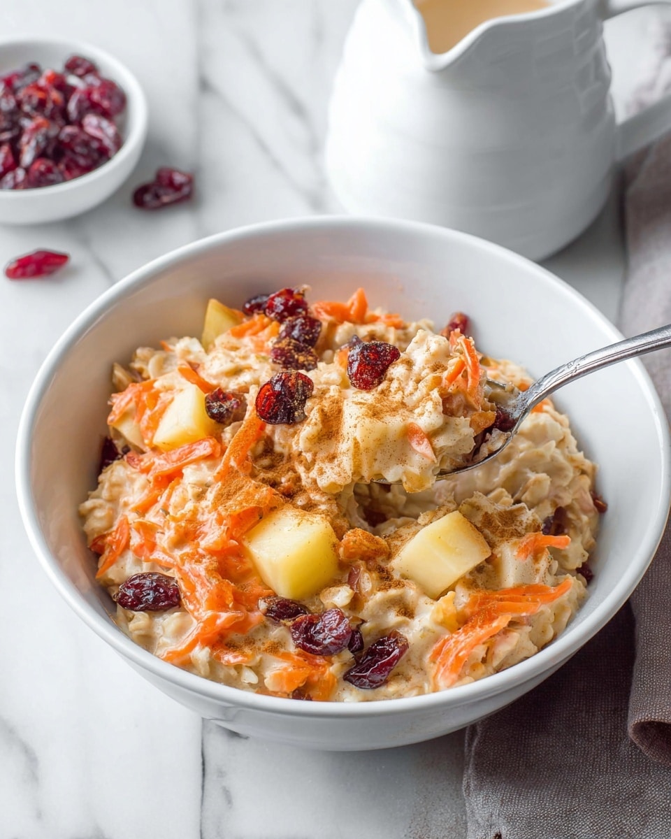 A white bowl filled with a creamy oatmeal dish that has visible chunks of light yellow apple pieces, soft orange carrot shreds, and dark red dried cranberries scattered on top. The oatmeal itself is light beige with a slightly thick and textured consistency. A light dusting of brown cinnamon powder is sprinkled over part of the oatmeal. A silver spoon rests inside the bowl, slightly lifted with a scoop of the oatmeal showing all the ingredients mixed together. The bowl sits on a white marbled surface next to a beige cloth and a white pitcher filled with milk nearby photo taken with an iphone --ar 4:5 --v 7