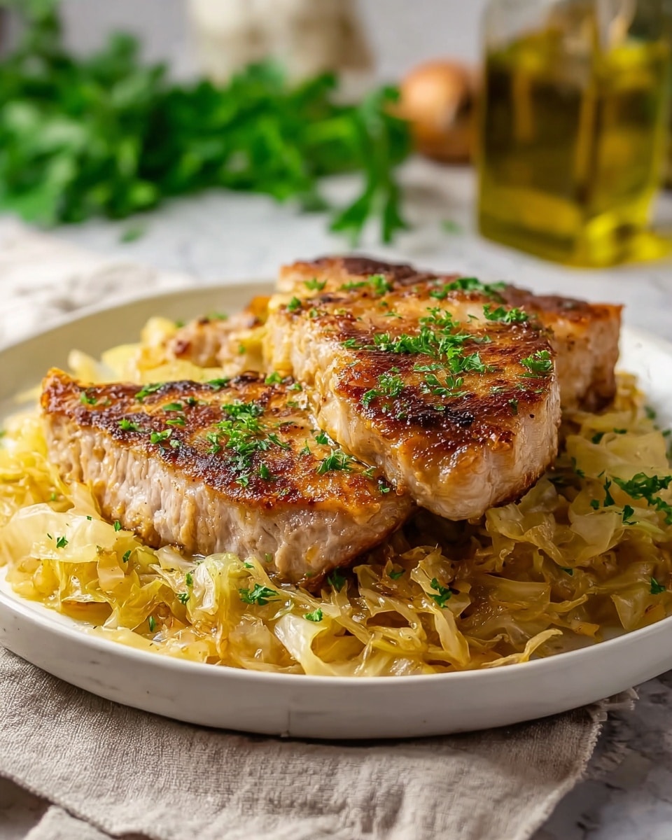 A white plate filled with a layer of cooked shredded cabbage that is light yellow with some translucent pieces and small specks of seasoning, topped with three pieces of grilled pork chops that have a golden brown crust with a slightly crispy texture and some herbs sprinkled on top, mainly chopped green parsley, all set on a white marbled surface with a soft beige cloth underneath. Photo taken with an iphone --ar 4:5 --v 7