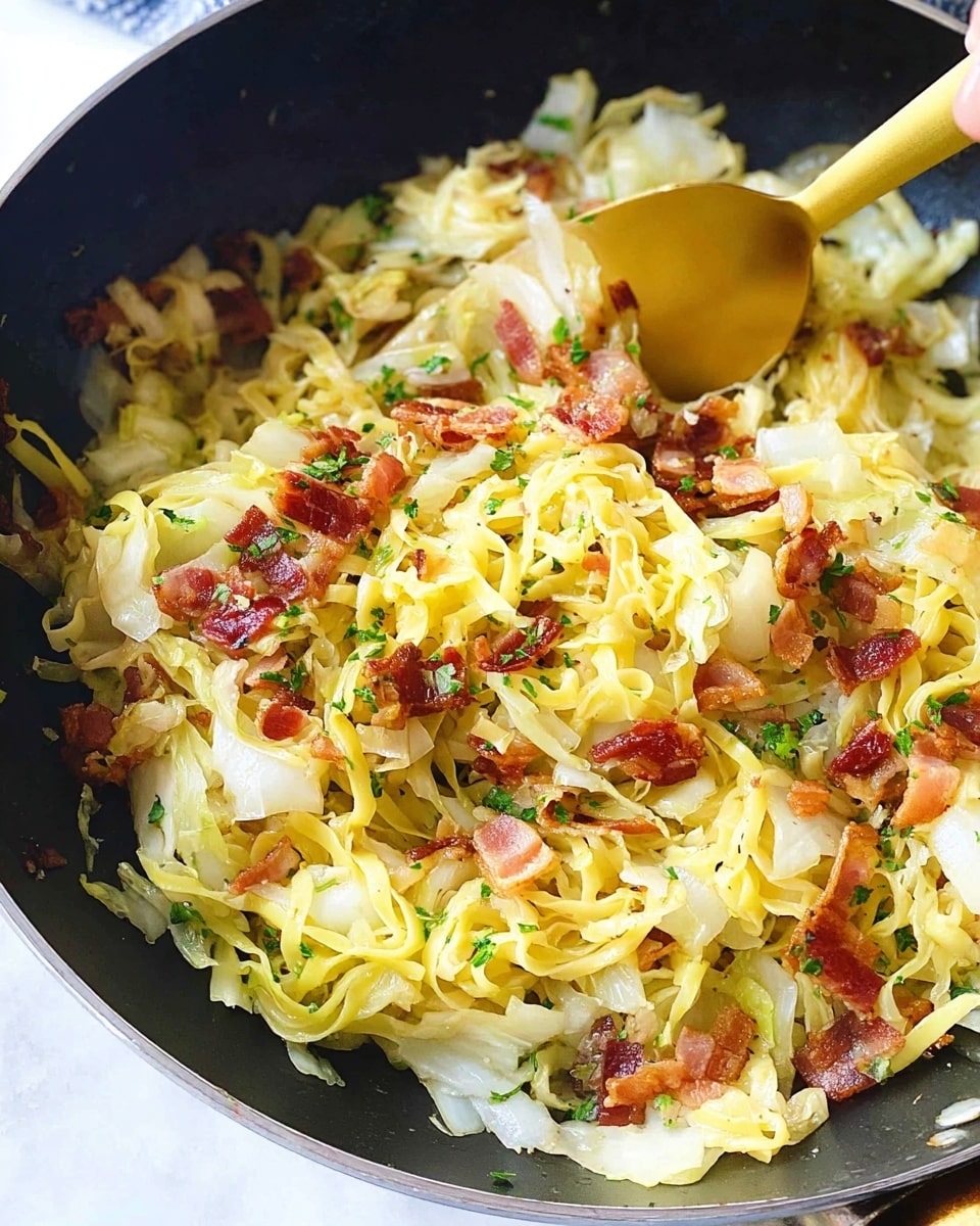 The image shows a close-up of a black pan filled with a cooked noodle dish. The bottom layer is pale yellow, curly noodles that look soft and slightly oily. Scattered on top are thin white cabbage pieces with browned edges showing they are cooked. Crispy small bacon bits with a reddish-brown color are spread over the dish, adding texture. Small green parsley leaves are sprinkled as a garnish, and there is a light dusting of black pepper visible. A golden spoon lifts some of the noodles and cabbage from the pan, highlighting the mix of colors and textures against the dark pan and white marbled surface in the background. Photo taken with an iphone --ar 4:5 --v 7