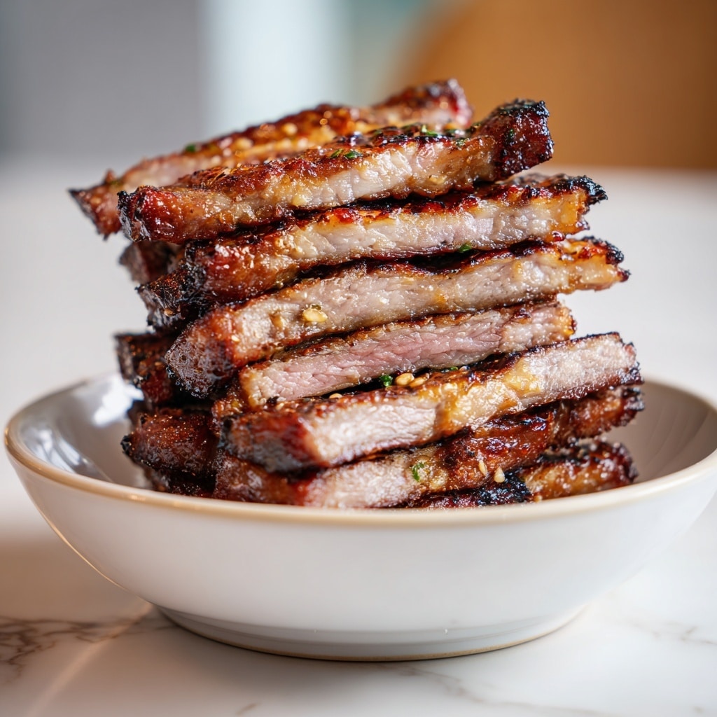 A tall stack of grilled chicken pieces with a crispy, dark brown charred crust sits on a white bowl. The top layer shows thick slices of chicken with a golden-brown grilled texture and some visible juicy, tender white meat inside. Below, more pieces are piled unevenly, showing both crispy outer skin and soft inner meat with slight pinkish tones near the edges. The bowl is placed on a white marbled surface, adding brightness to the image. photo taken with an iphone --ar 4:5 --v 7