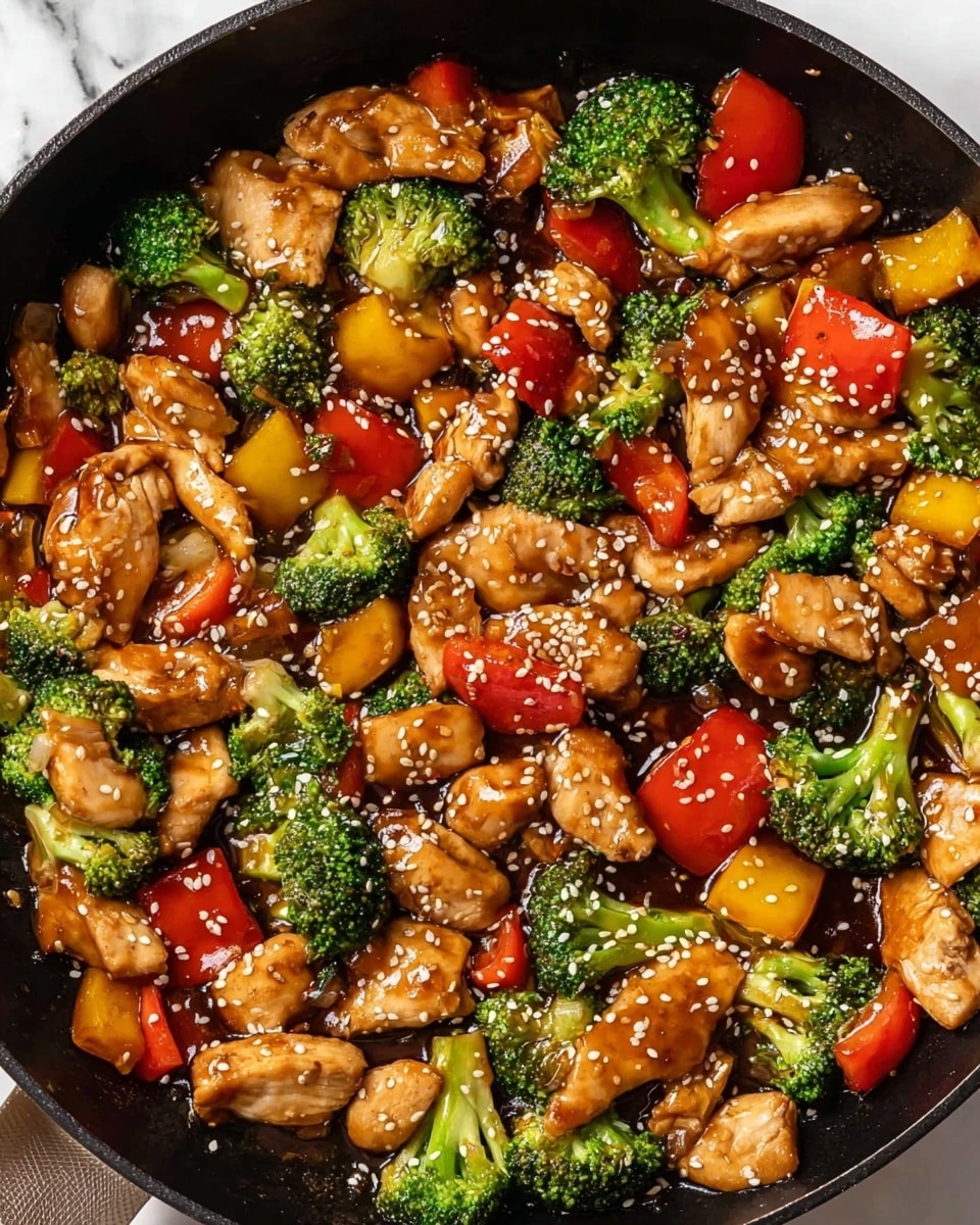 A close-up top view of a black skillet filled with stir-fried chicken pieces, chopped red and yellow bell peppers, and broccoli florets, all coated in a shiny brown sauce with a sprinkling of white sesame seeds on top, sitting on a white marbled surface. photo taken with an iphone --ar 4:5 --v 7