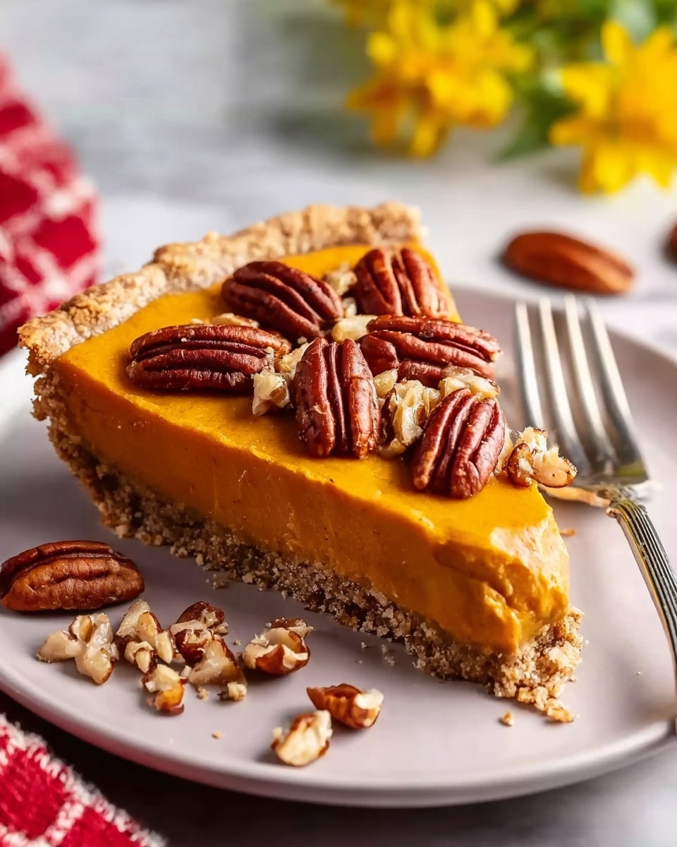 A slice of pie is shown on a white plate with a smooth, thick crust layer at the bottom, light brown in color and crumbly in texture. The middle layer is a rich, smooth, glossy orange filling that looks creamy and firm. On top, there are whole pecans and chopped pecan pieces arranged evenly, their dark brown color and wrinkled texture contrast with the smooth filling. A shiny silver fork is placed on the right side of the plate. The background is a white marbled texture with some yellow flowers in the upper left corner. Photo taken with an iphone --ar 4:5 --v 7