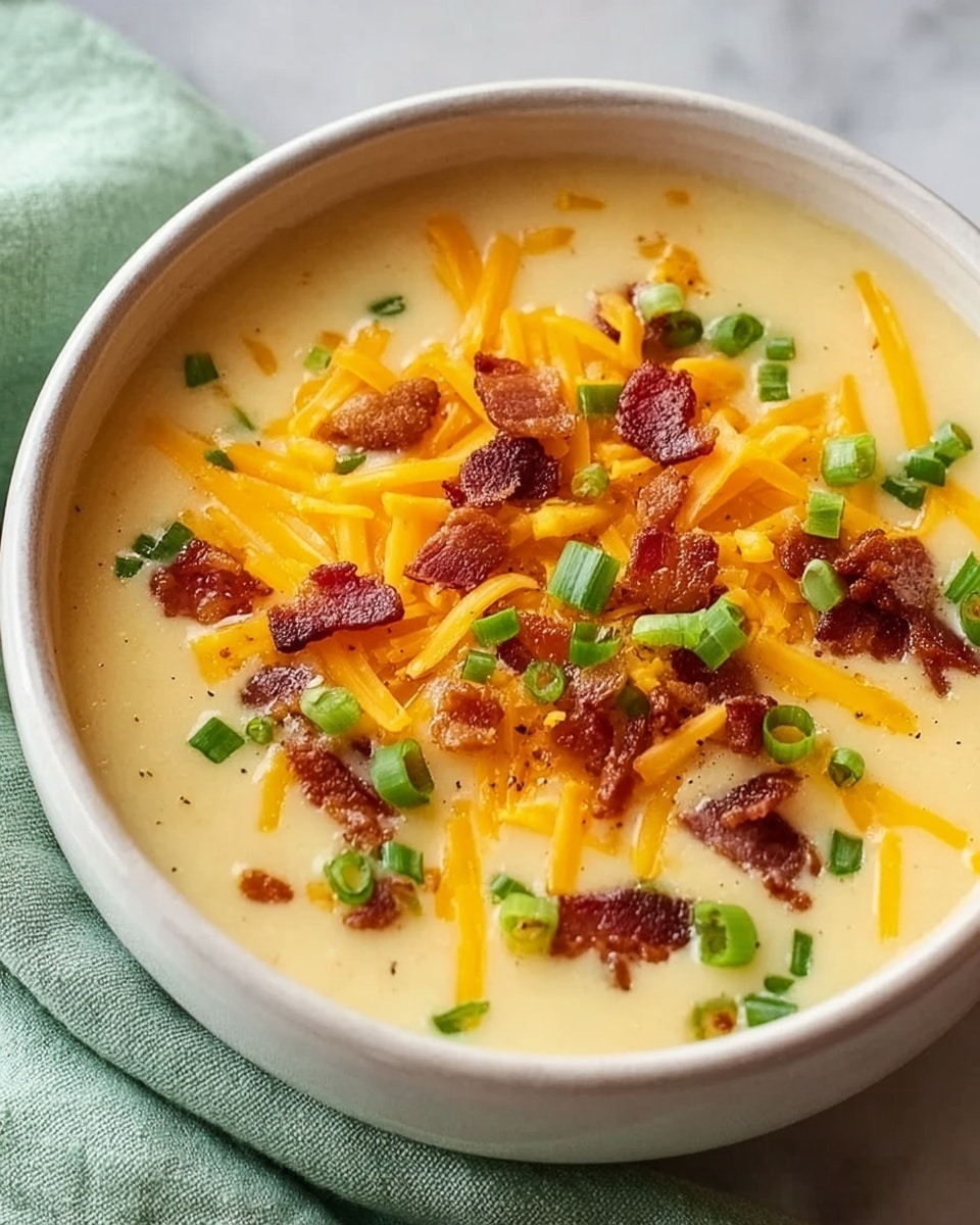 A close-up view of a creamy pale yellow soup served in a white bowl, topped with a layer of shredded bright orange cheddar cheese scattered across the surface, followed by a layer of small, crispy dark brown bacon bits sprinkled evenly over the cheese, and finally garnished with chopped green onions adding fresh green pops of color. The bowl rests on a light green cloth with a white marbled surface in the background. photo taken with an iphone --ar 4:5 --v 7
