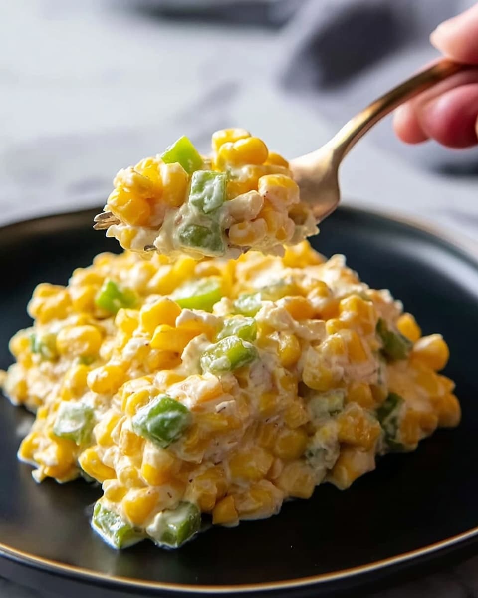 The image shows a close-up of creamy corn salad served on a simple white plate, placed on a white marbled surface. The dish has a thick, creamy texture with visible bright yellow corn kernels mixed with small pieces of green peppers and some tiny red bits, indicating a mix of fresh vegetables. The creamy sauce coats the corn, giving the salad a smooth and rich look. A woman's hand holding a silver fork lifts a portion of the corn salad above the plate, allowing the light to highlight the glossy, creamy mixture. The background is softly blurred with natural lighting that enhances the fresh colors of the food. photo taken with an iphone --ar 4:5 --v 7