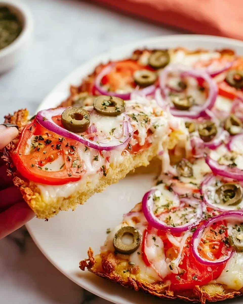 A close-up image shows a pizza with a golden, crispy crust on a white plate. The pizza has several layers visible: the bottom crust looks thick and crunchy, topped with melted white cheese that covers the surface. On top of the cheese, there are slices of red tomato, thin rings of purple onion, and green olive slices scattered evenly. The pizza is garnished with green herbs sprinkled on top. A woman's hand is holding a slice lifted slightly from the plate, showing the toppings clearly. The background has a white marbled surface with blurred items. Photo taken with an iphone --ar 4:5 --v 7