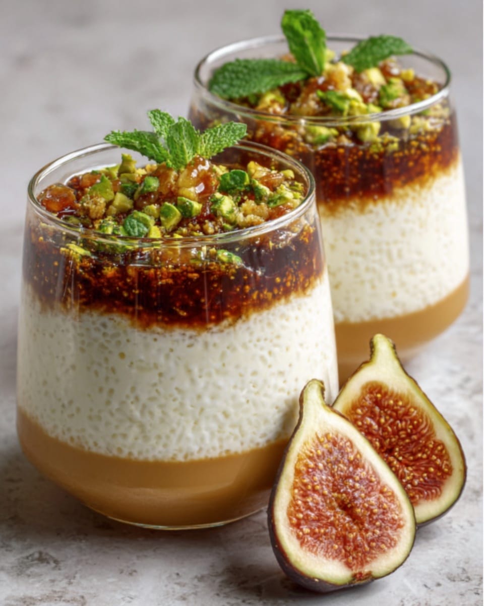 Two clear glasses are filled with a three-layer dessert placed on a white marbled surface. The bottom layer is smooth and golden brown, the middle layer is thick and white with a creamy texture, and the top layer is dark reddish-brown, slightly textured with a mix of finely chopped nuts and green herbs scattered on top. Each glass is garnished with a fresh green mint leaf and topped with a few small yellow edible flowers. Next to the glasses are two halves of a fresh fig, revealing a pinkish inside with tiny seeds. The image feels fresh and colorful, with natural light highlighting the textures vividly. Photo taken with an iphone --ar 4:5 --v 7