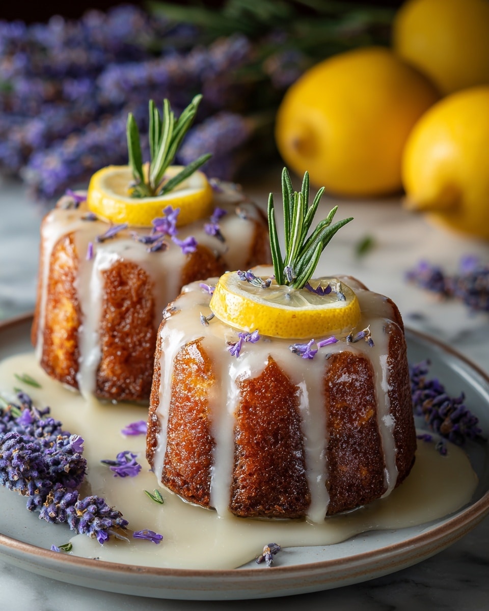 Two small round cakes with golden brown crust and ridged edges sit side by side on a white plate with a light brown rim, each cake covered in a thick, glossy white glaze that drips down the sides. On top of each cake are two small triangular yellow lemon slices and sprigs of green rosemary, sprinkled with tiny purple lavender flowers. To the left of the cakes are several sprigs of fresh lavender with dark green stems and small purple buds. The background shows a blurred yellow lemon and more lavender flowers on a white marbled texture. The photo is detailed and bright, showcasing the moist texture of the cakes and the fresh decorations. photo taken with an iphone --ar 4:5 --v 7