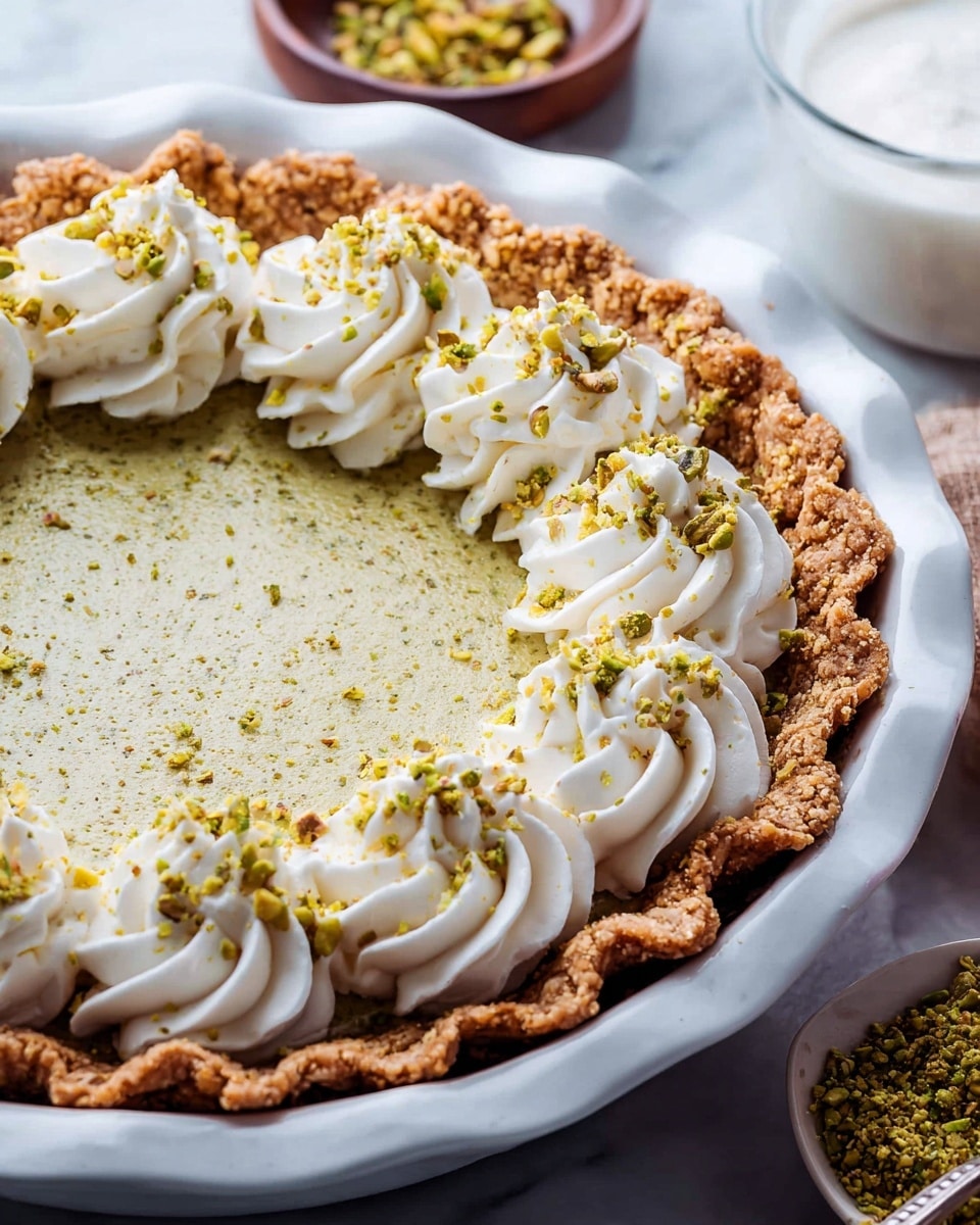 A close-up of a pie in a white ceramic dish with a golden-brown crust that looks thick and crumbly around the edges. The filling is smooth and light greenish-yellow with a crushed pistachio topping. On top of the filling, there are large swirls of white whipped cream arranged in a ring near the crust, each dollop sprinkled with crushed pistachios. The pie sits on a white marbled surface with a small wooden bowl of ground pistachios and a rolling pin in the background. photo taken with an iphone --ar 4:5 --v 7