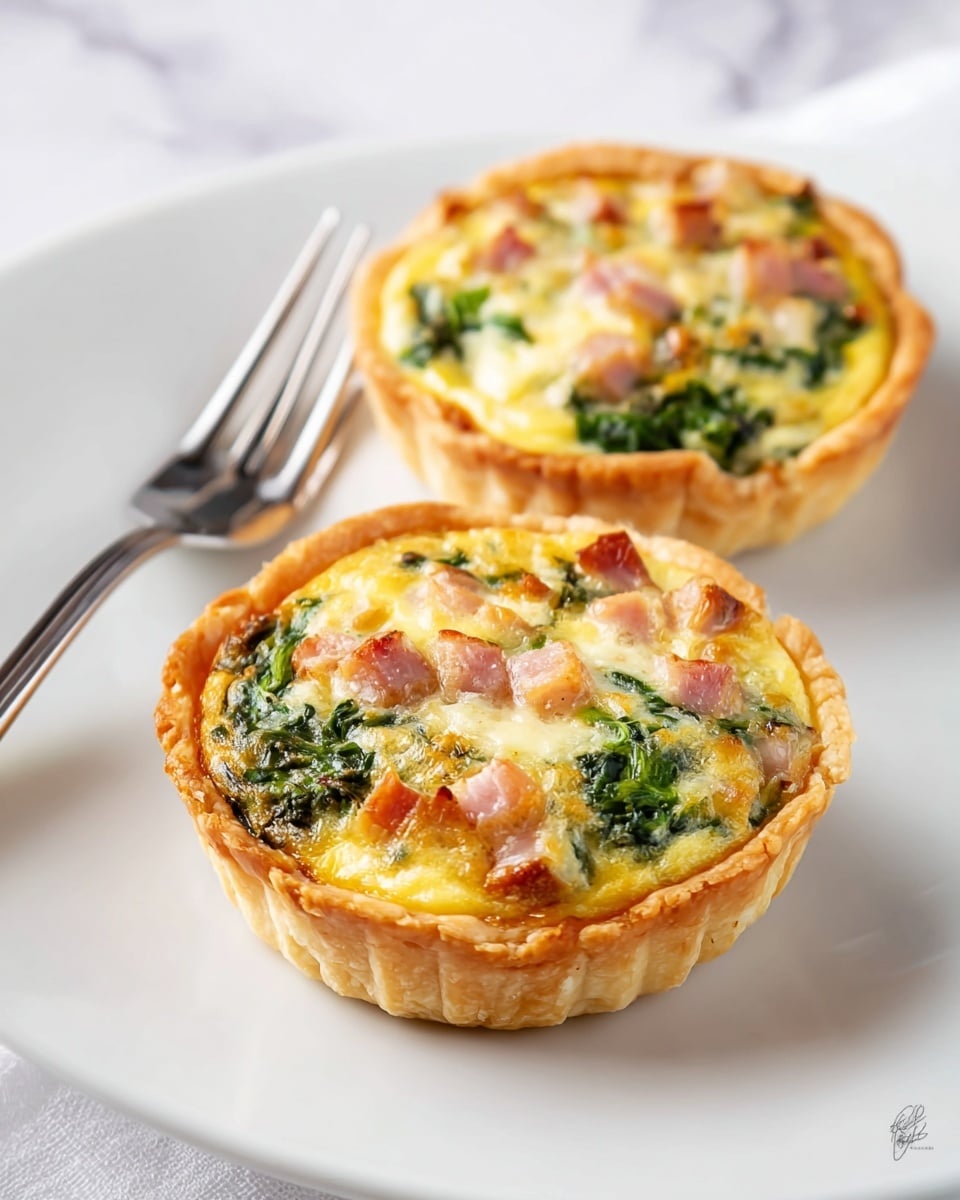 Two small quiche tarts are placed side by side on a white plate with a shiny silver fork resting behind them. Each tart has a golden-brown, flaky crust that holds a colorful filling composed of yellow egg custard mixed with bits of pink ham, melted white cheese, and green leafy vegetables evenly distributed throughout. The tarts have a slightly raised edge with a textured crust, and the filling has a smooth, soft appearance with visible chunks making the colors vibrant. The plate sits on a white marbled surface with soft natural light enhancing the fresh, appetizing look of the quiches. Photo taken with an iphone --ar 4:5 --v 7